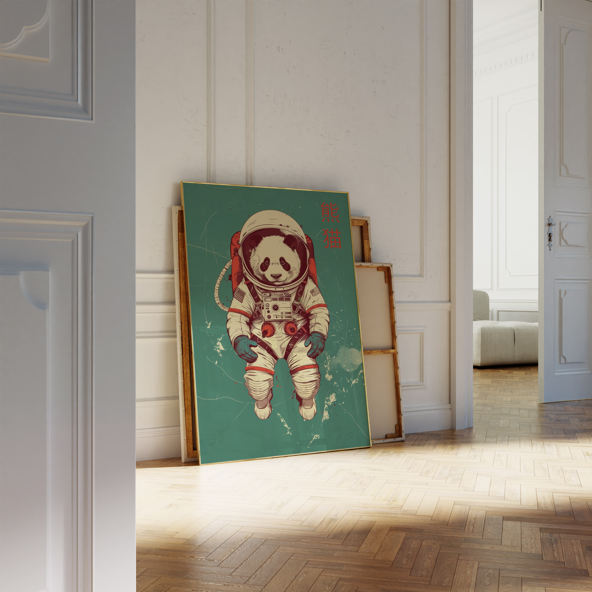 Paw Prints retro panda in space, in an astronaut suit, with Chinese characters poster, leaning against a white bathroom wall. 