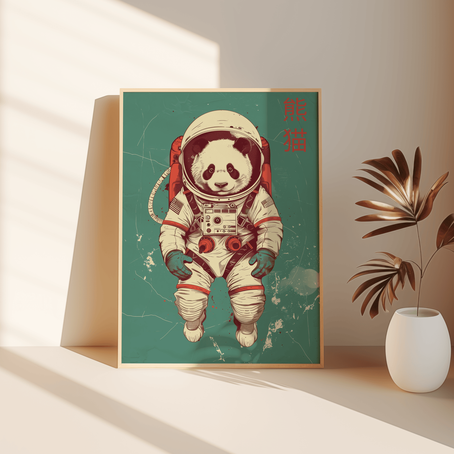Paw Prints retro panda in space, in an astronaut suit, with Chinese characters poster, leaning against the bedroom floor. 