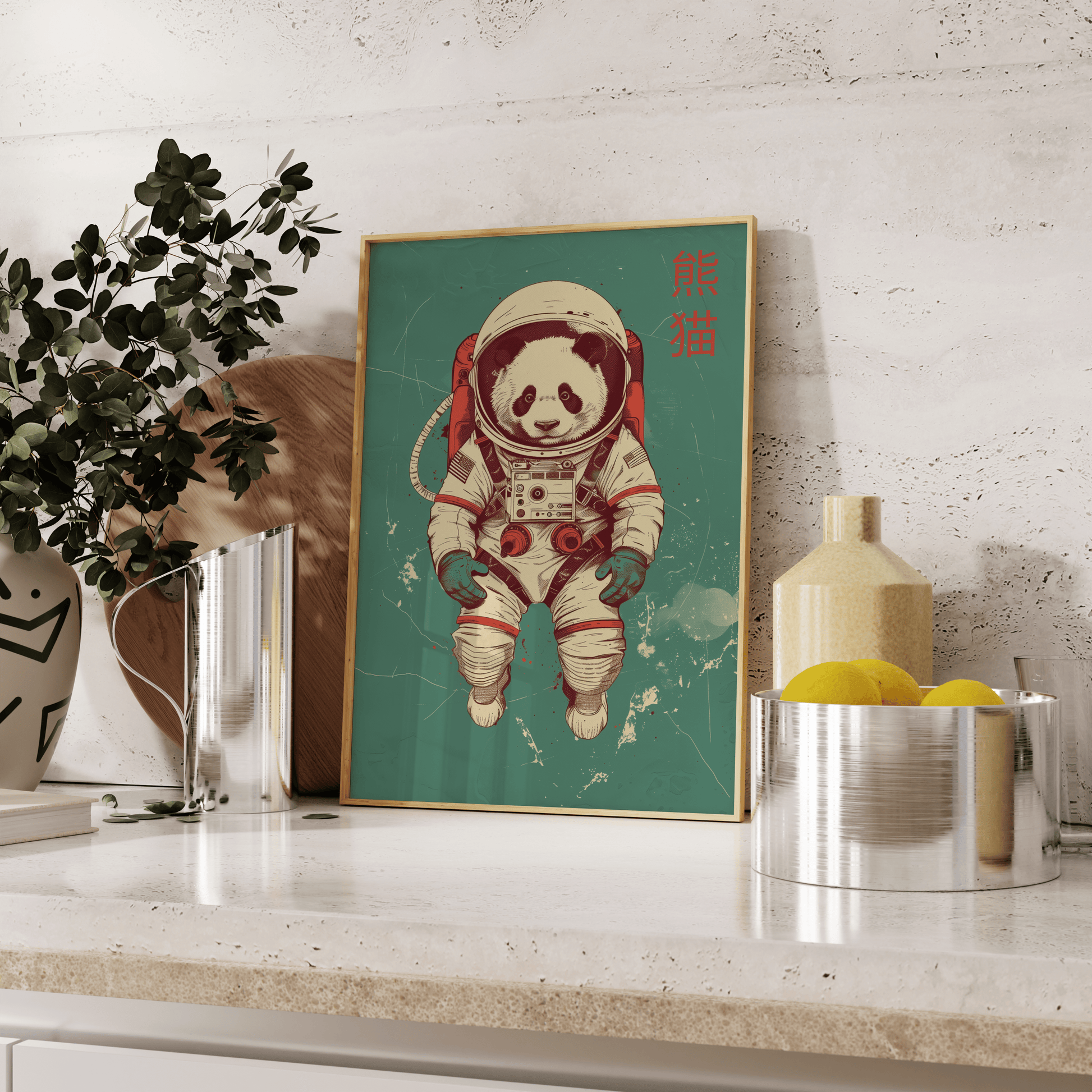Paw Prints retro panda in space, in an astronaut suit, with Chinese characters poster, leaning against the kitchen counter. 