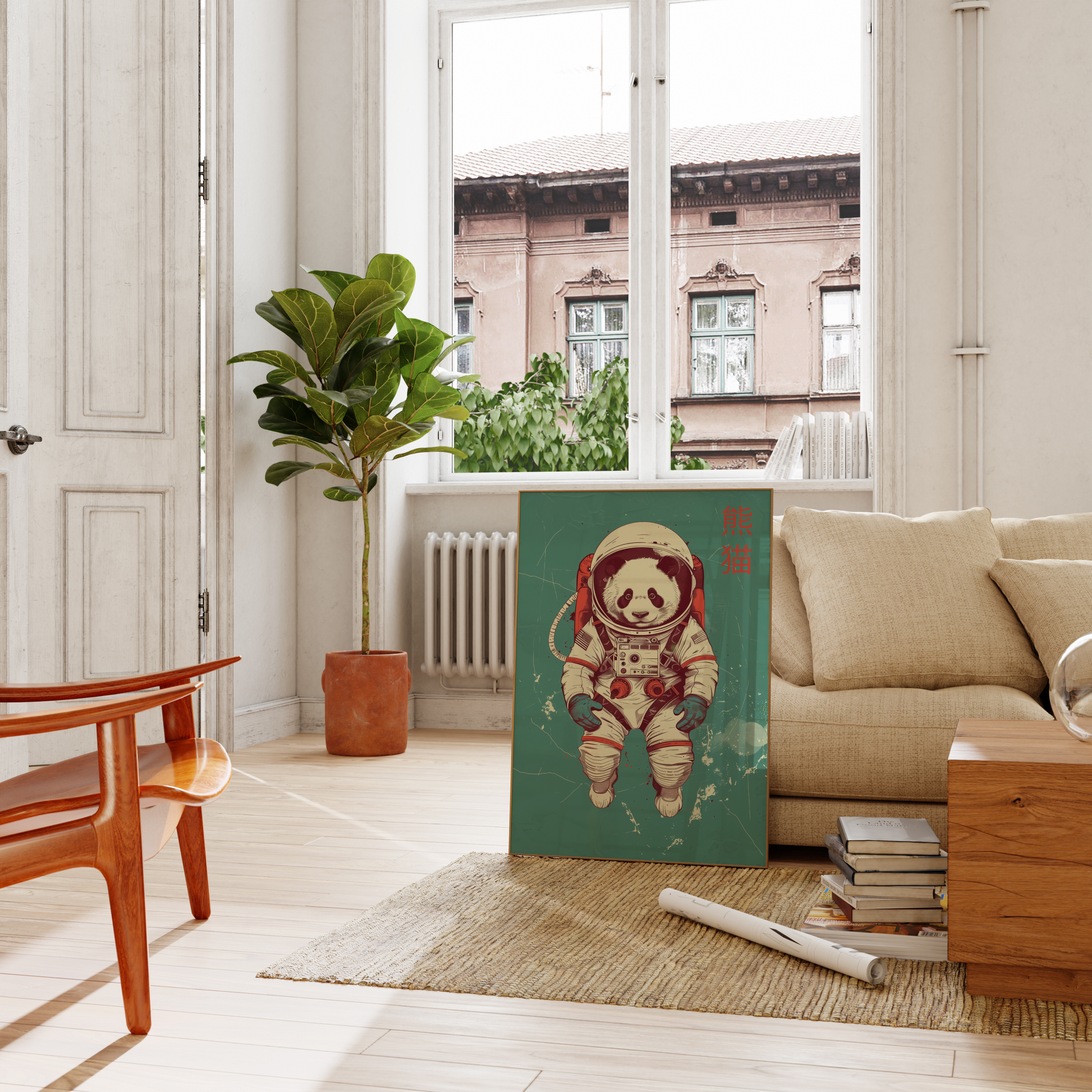 Paw Prints retro panda in space, in an astronaut suit, with Chinese characters poster, leaning on a couch in the living room.