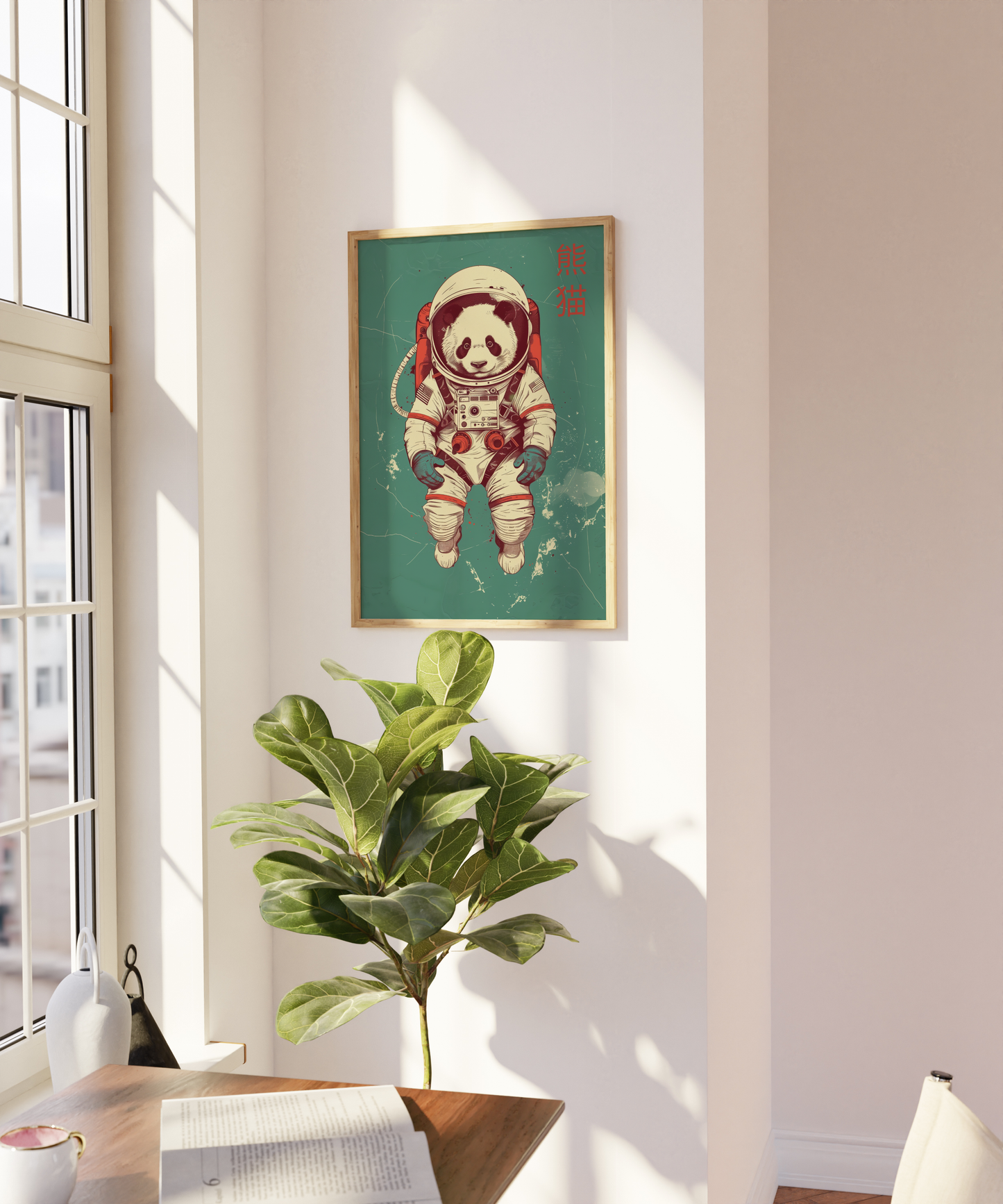 Paw Prints retro panda in space, in an astronaut suit, with Chinese characters poster, on a blank wall. 