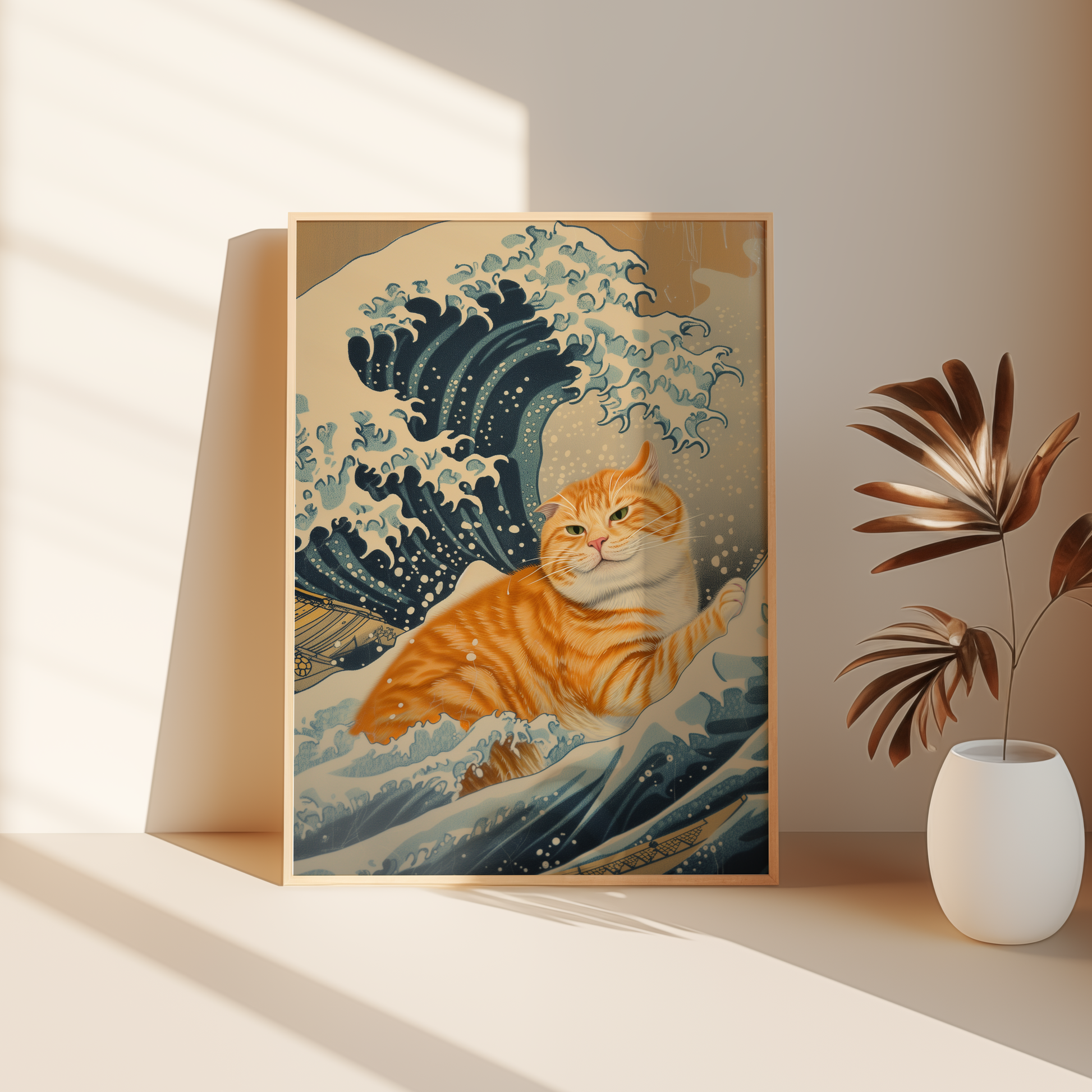 Paw Prints Vintage framed poster of an orange cat inside the Wave of Kanagawa, leaning against the bedroom floor. 