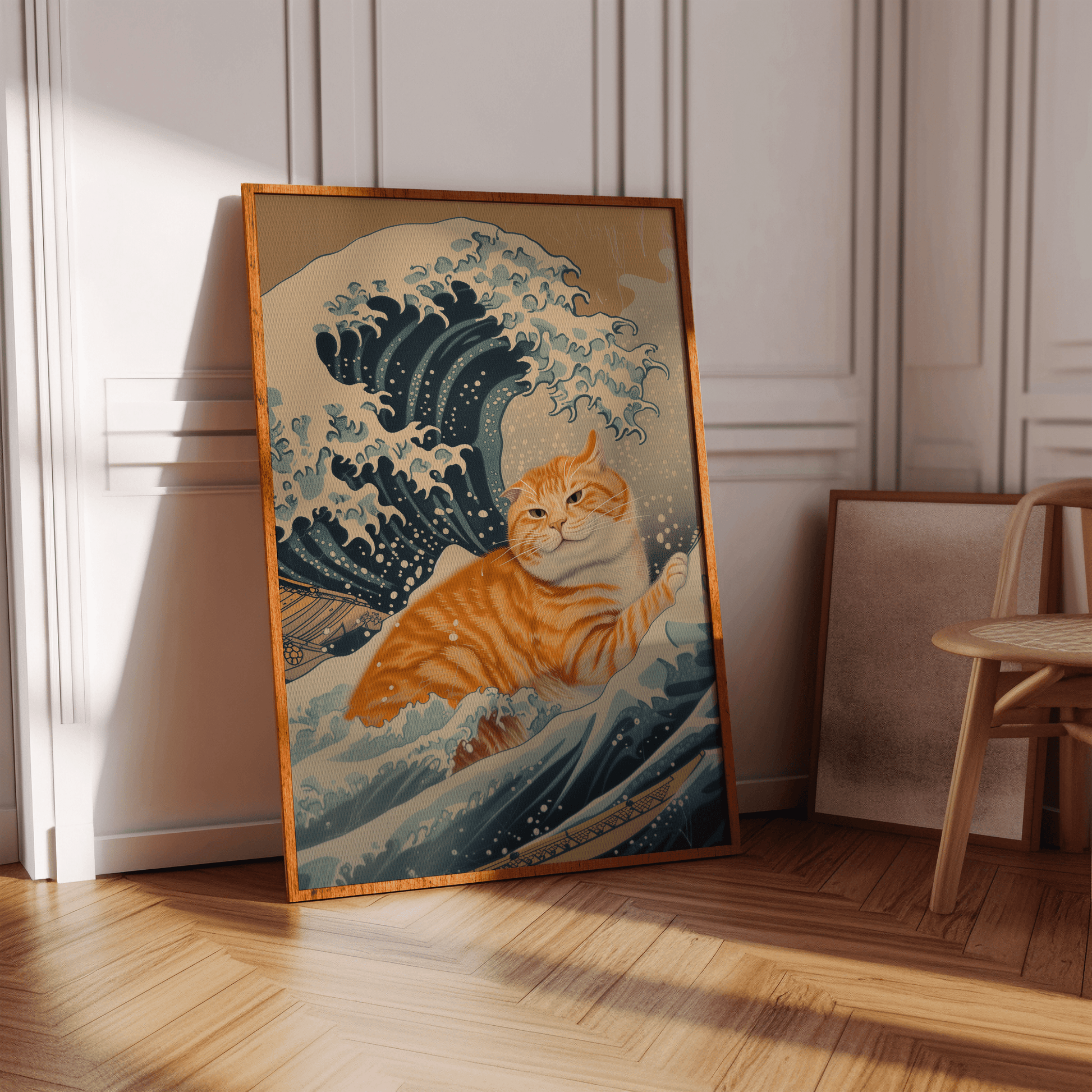 Vintage framed poster of an orange cat inside the Wave of Kanagawa, in a white Victorian hallway in view of natural sunlight.
