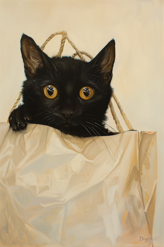 Painting of a wide-eyed black cat peeks out from the top of a crumpled brown paper bag, its front paws resting over the edge. 