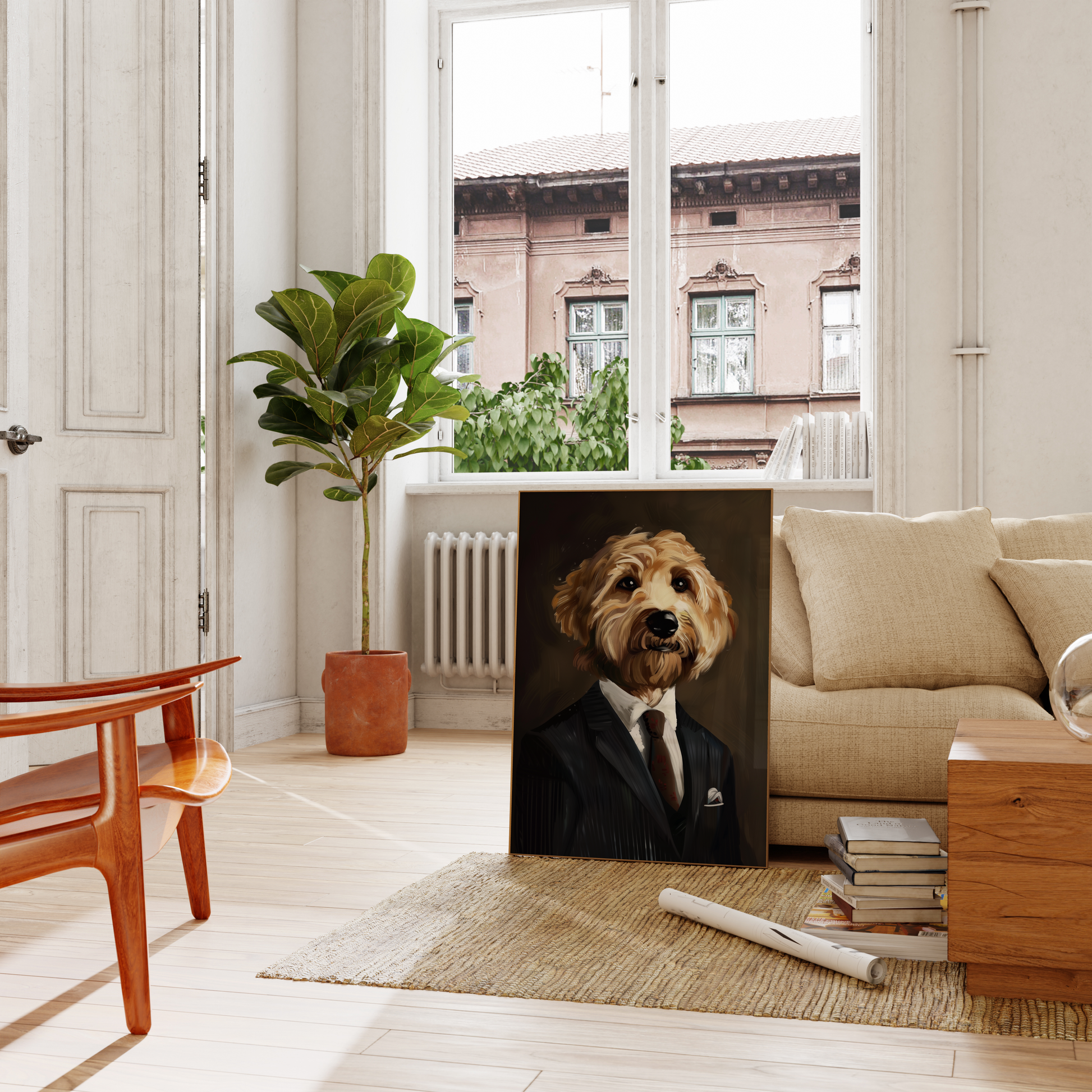 Paw Prints Photorealistic oil painting of a Poodle wearing a Pinstripe Suit and tie, leaning on a couch in the living room.
