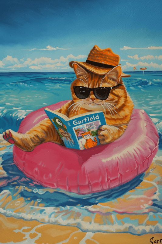 Painting of an orange cat wearing a straw fedora and sunglasses reading Garfield, sitting on a ring at the beach - Paw Prints