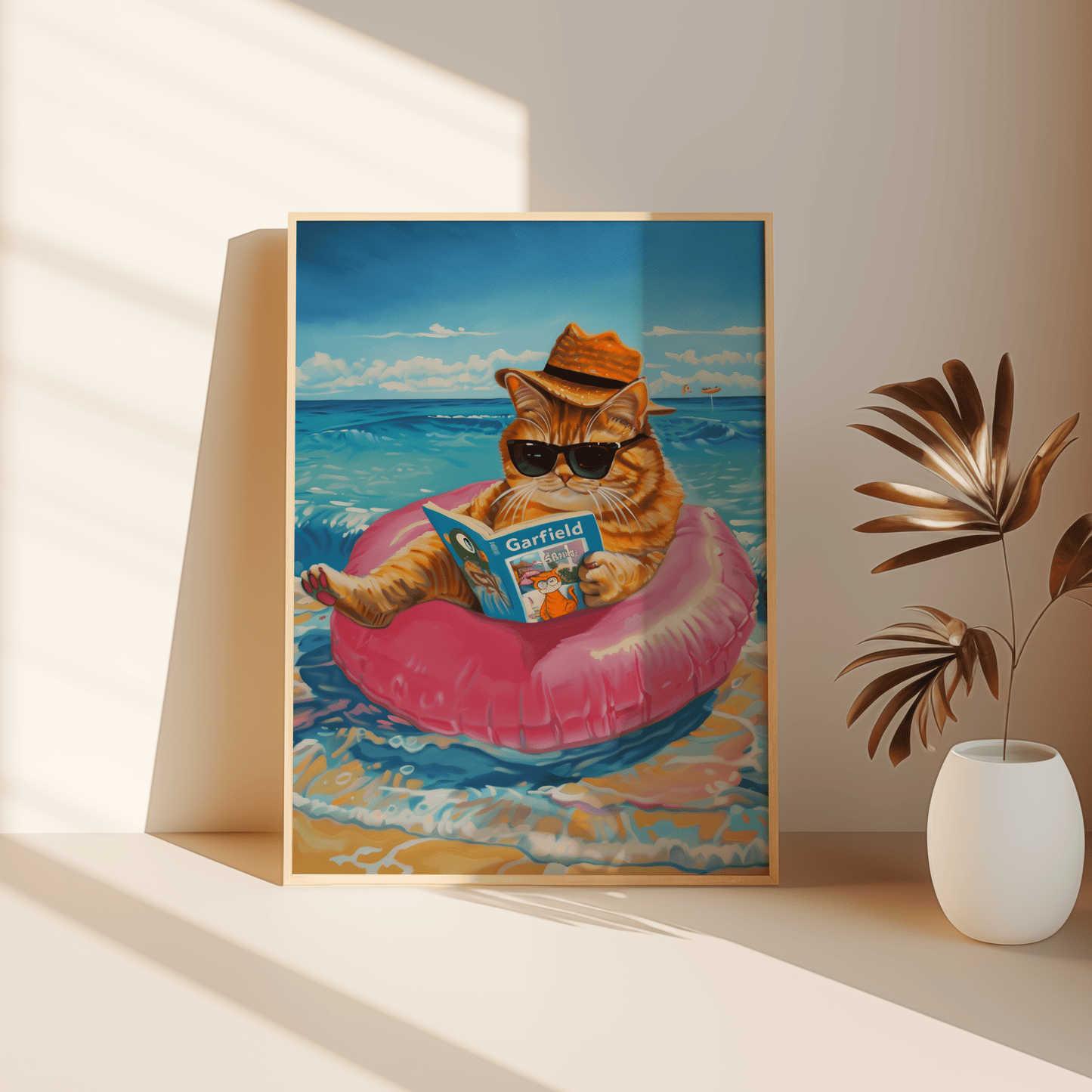 Framed poster of a cat wearing a straw hat reading Garfield, sitting on the beach, leaning against the bedroom floor
