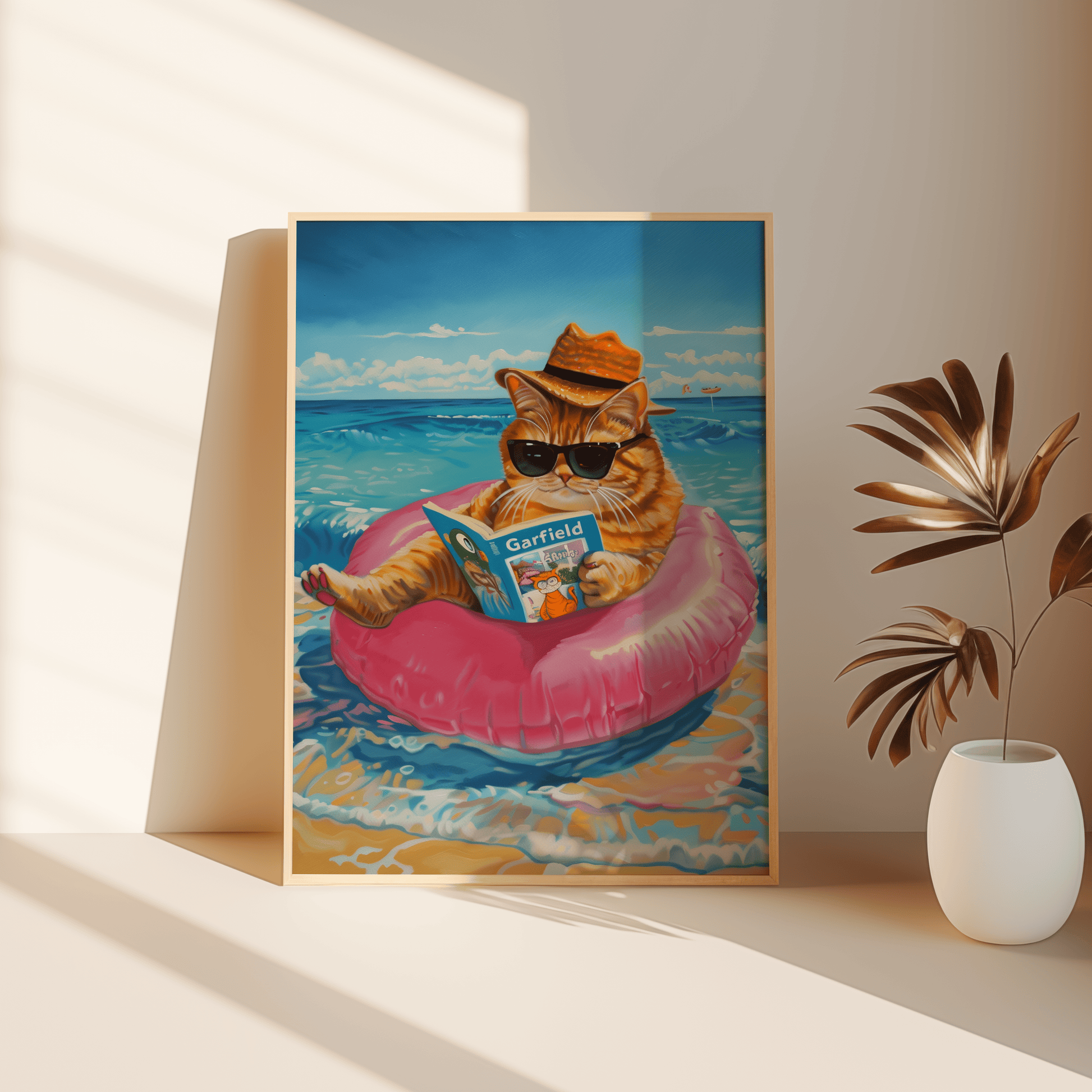 Framed poster of a cat wearing a straw hat reading Garfield, sitting on the beach, leaning against the bedroom floor