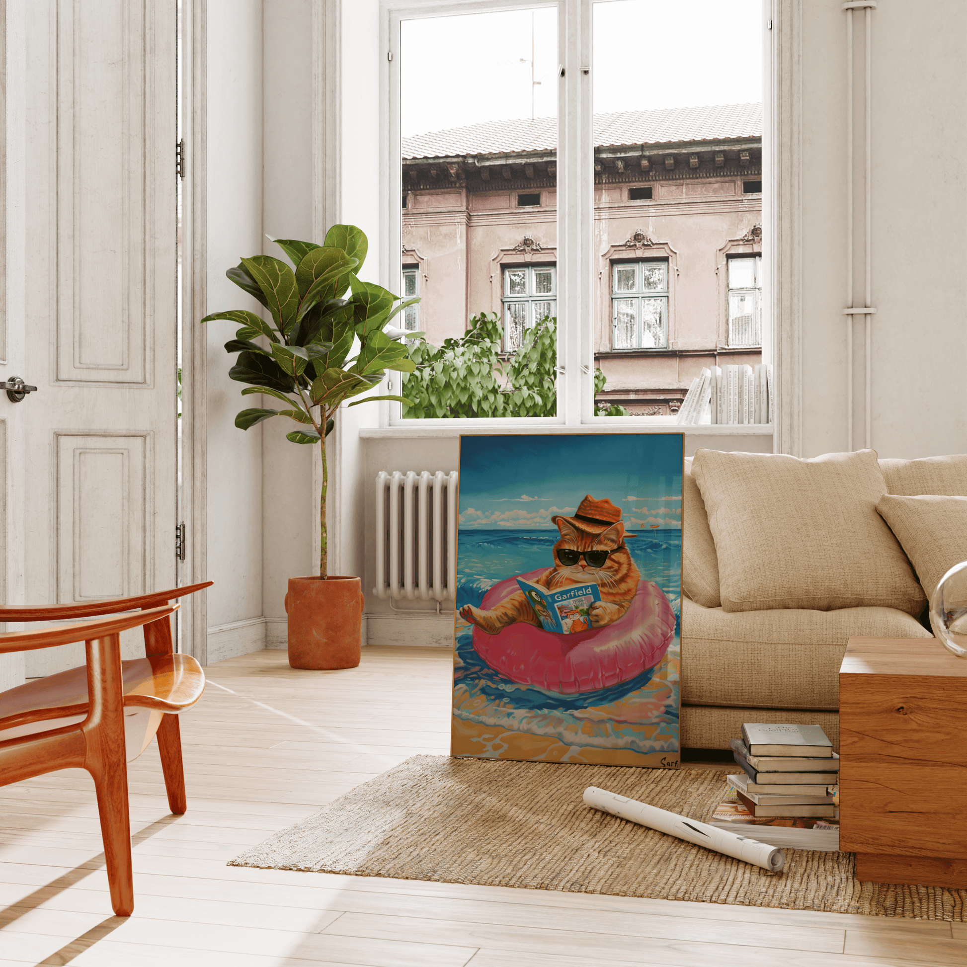 Framed poster of a cat wearing a straw hat reading Garfield, sitting on the beach, leaning on a couch in the living room