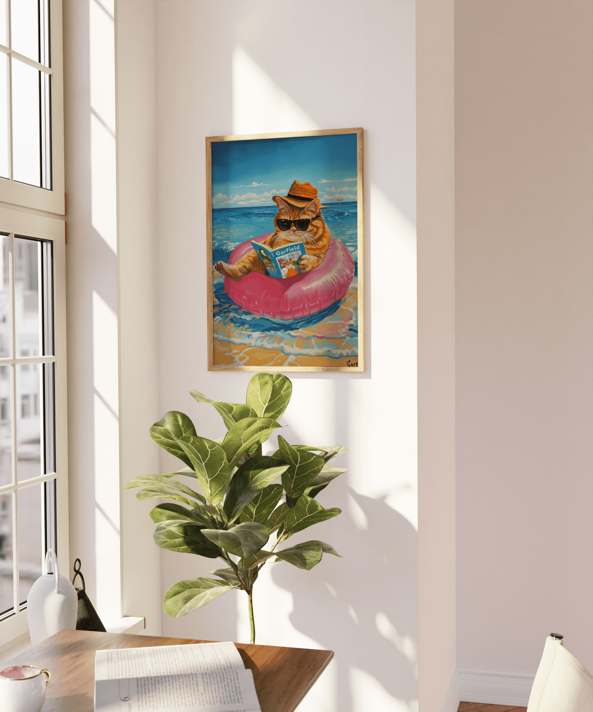 Framed poster of a cat wearing a straw hat reading Garfield, sitting on the beach, on a blank wall
