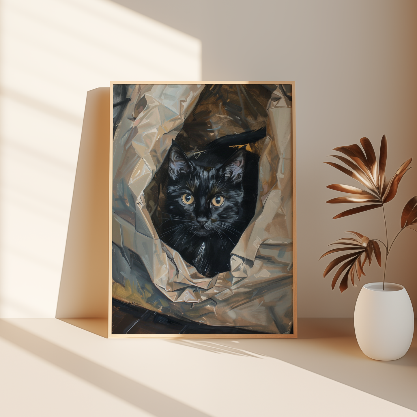 Paw Prints photorealistic oil painting of a black cat in a crumpled plastic bag, leaning against the bedroom floor. 
