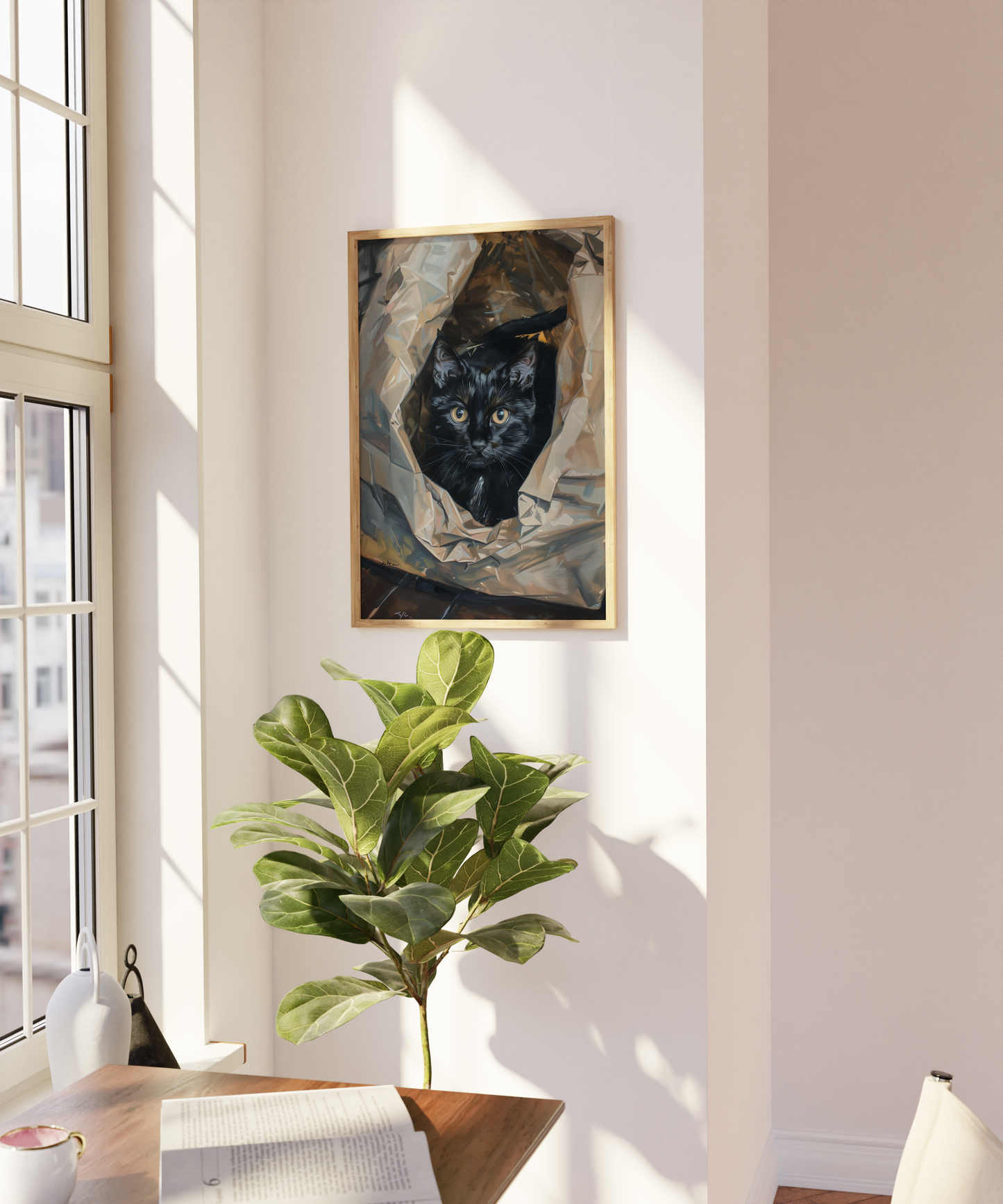 Paw Prints photorealistic oil painting of a black cat in a crumpled plastic bag, on a blank wall. 