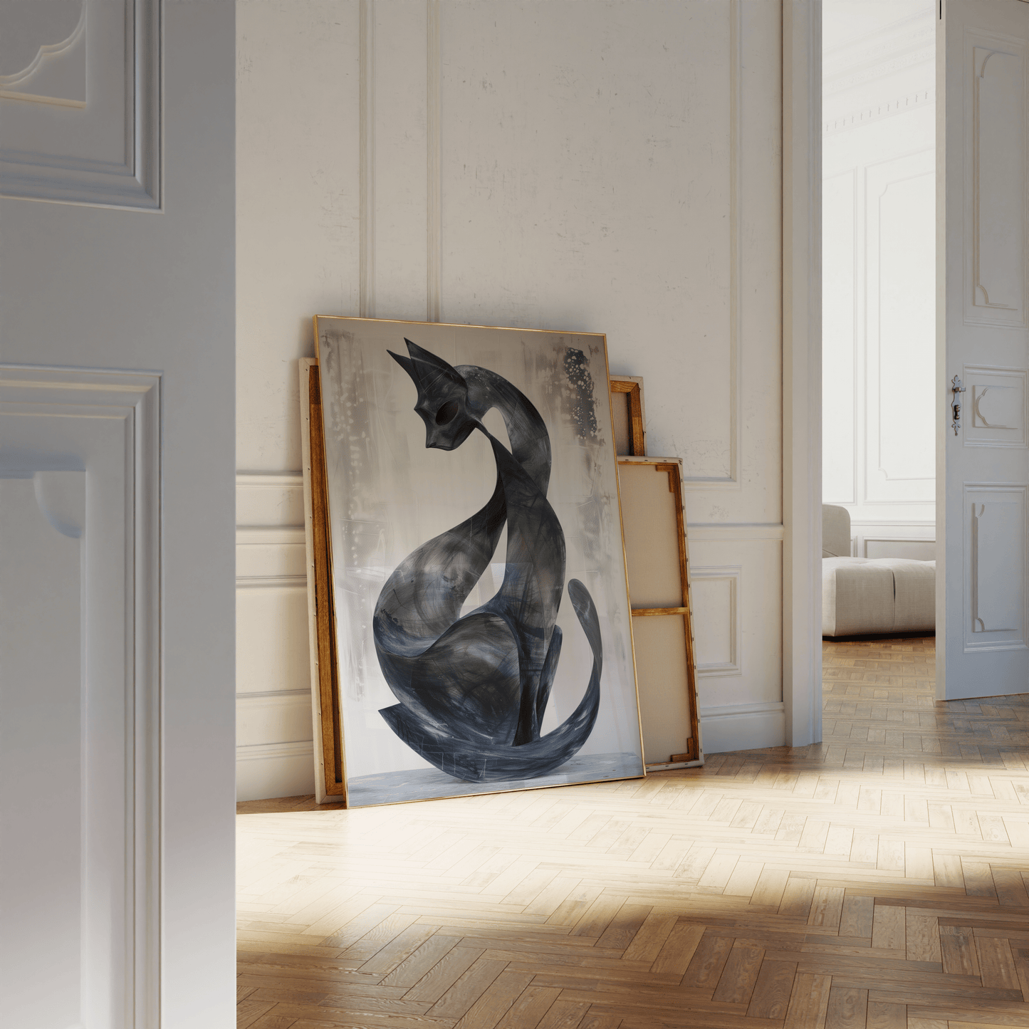 Paw Prints contemporary abstract painting of a black cat with its tail curled around, leaning against a white bathroom wall. 