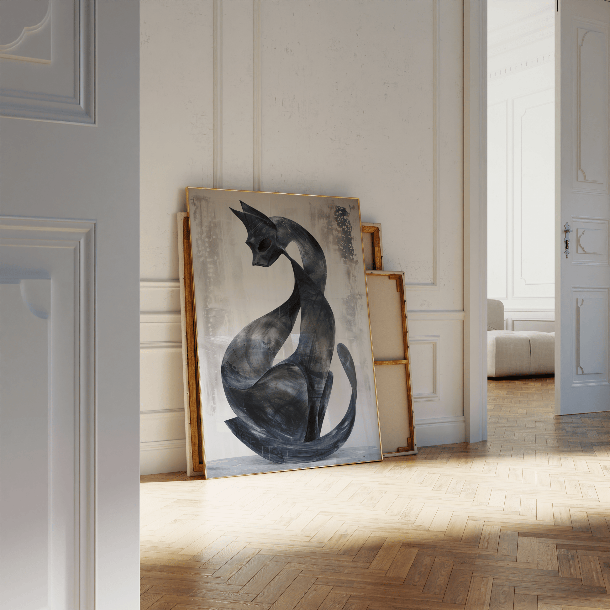 Paw Prints contemporary abstract painting of a black cat with its tail curled around, leaning against a white bathroom wall. 
