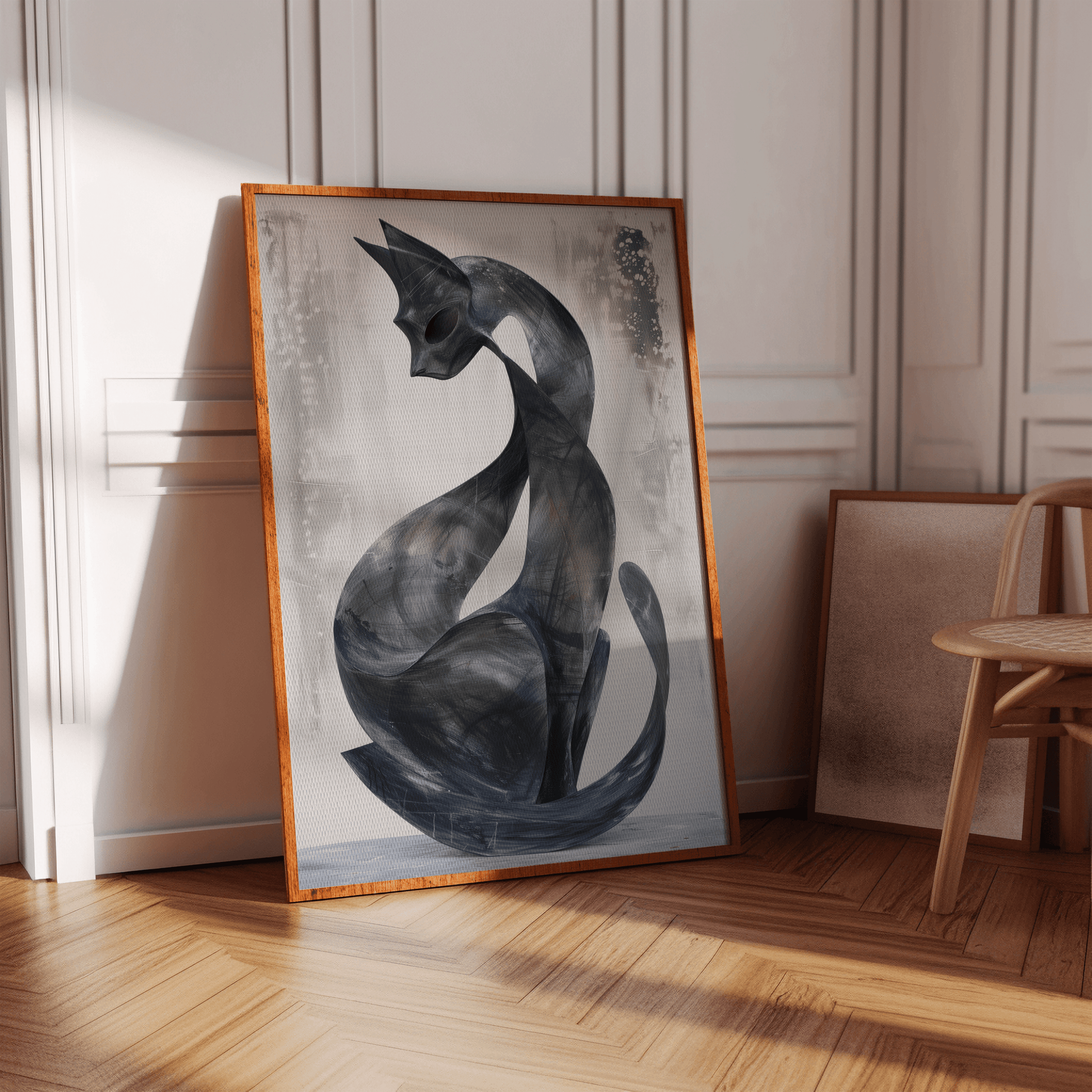 Contemporary abstract painting of a black cat with its tail curled around with fluid lines in a white Victorian hallway.