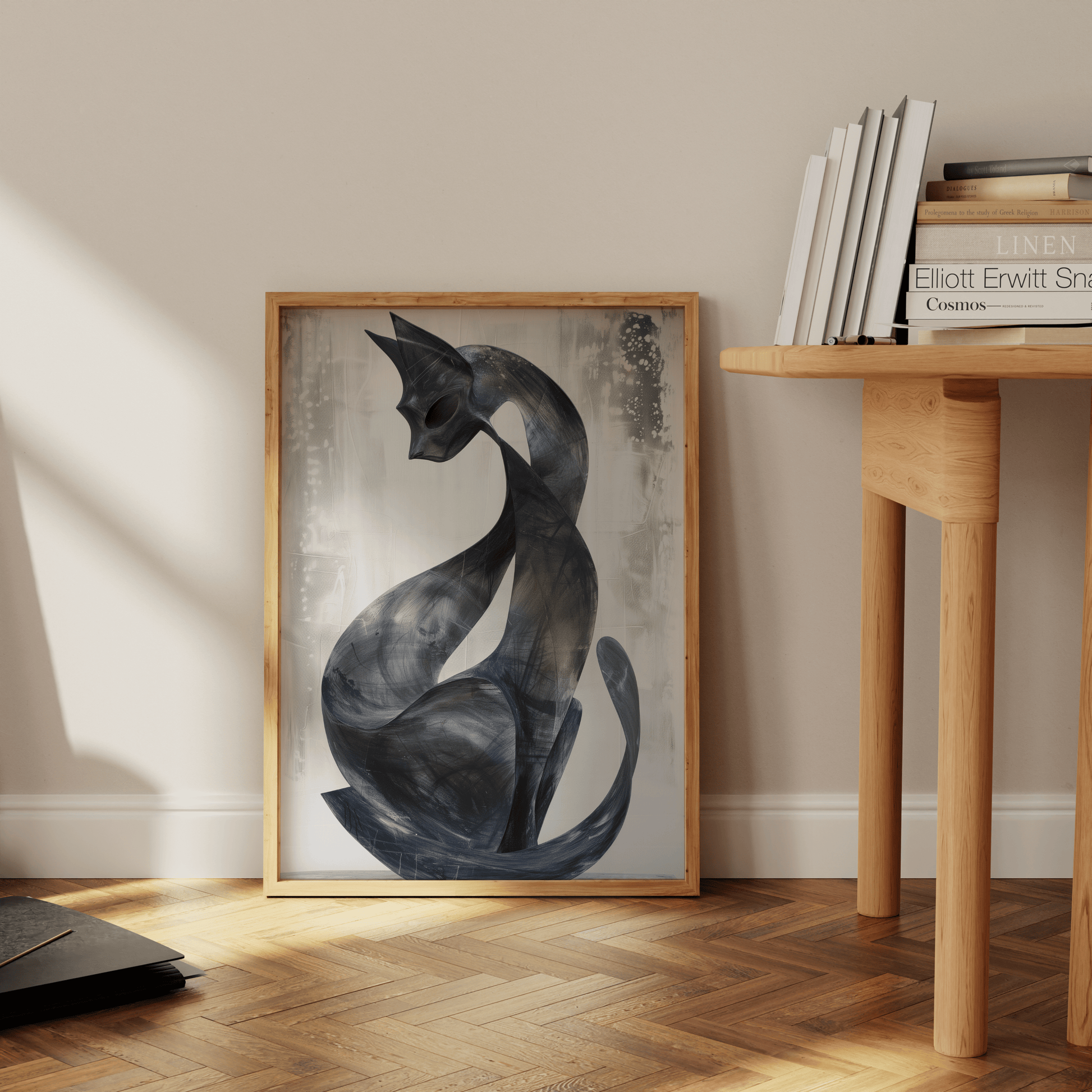 Paw Prints contemporary abstract painting of a black cat with its tail curled around, leaning against the office floor. 
