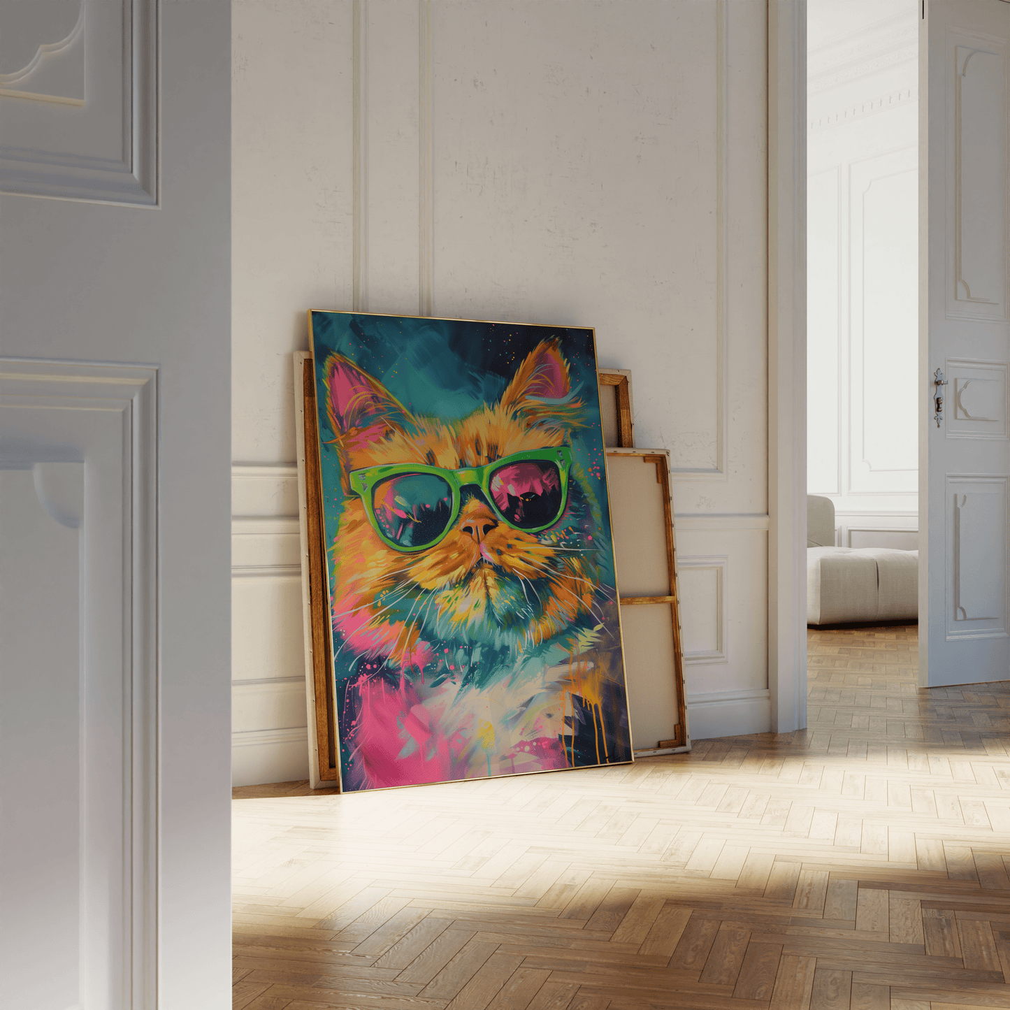 Paw Prints retro poster of an orange cat wearing green sunglasses, cyberpunk graffiti, leaning against a white bathroom wall. 