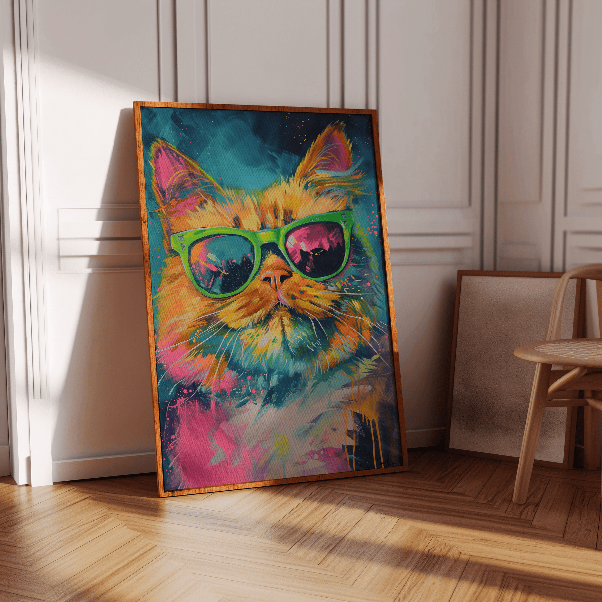 Oil painting of an orange cat wearing green sunglasses, in a white Victorian hallway in view of natural sunlight.