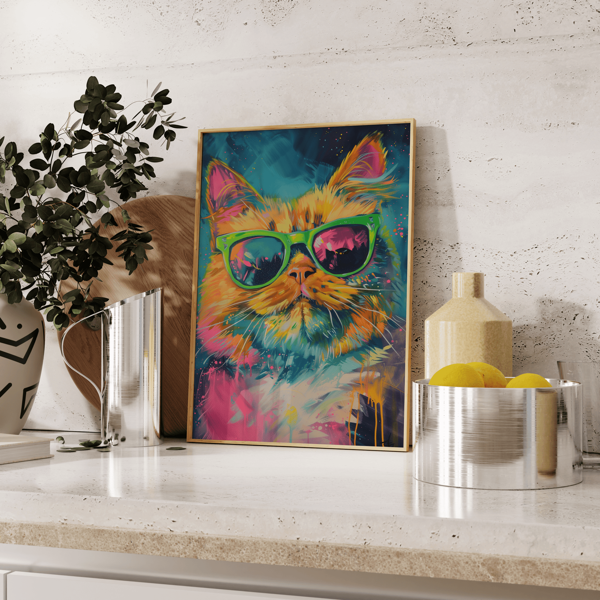 Paw Prints retro poster of an orange cat wearing green sunglasses, cyberpunk graffiti, leaning against the kitchen counter. 