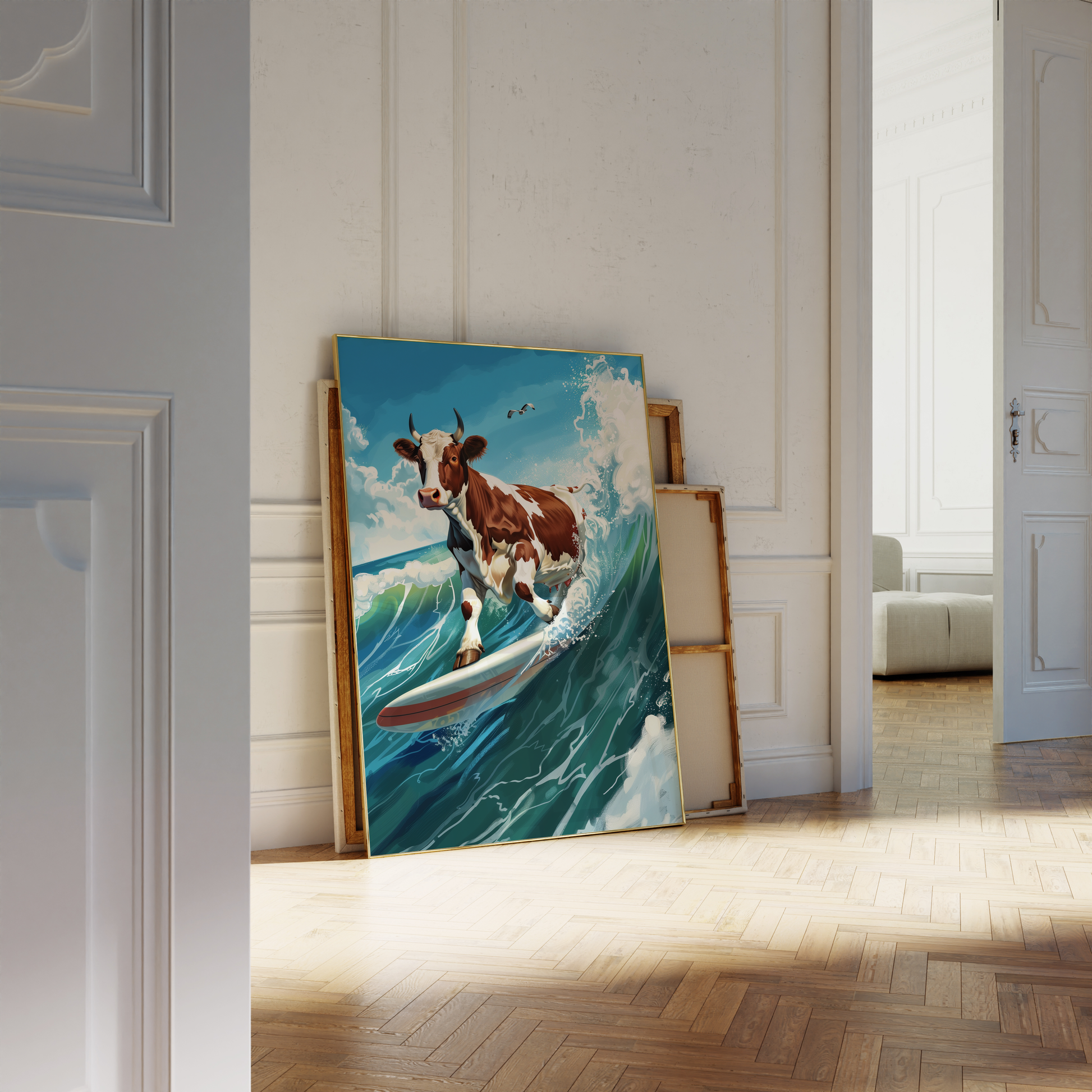 Paw Prints painting of a cow surfing on a wave in sunny San Diego, leaning against a white bathroom wall. 