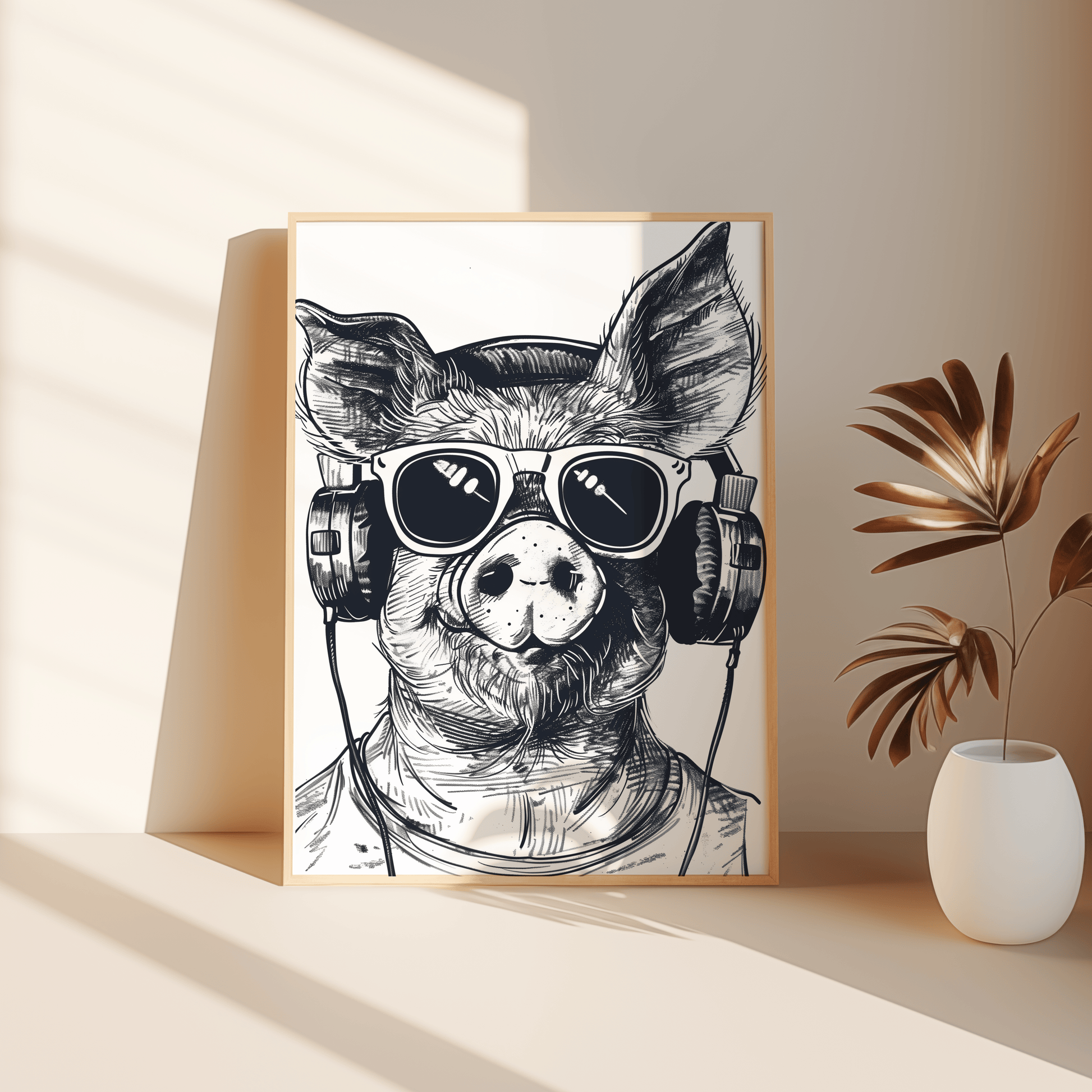 Paw Prints framed poster of a sketch of a hipster DJ pig wearing headphones and shades, leaning against the bedroom floor. 