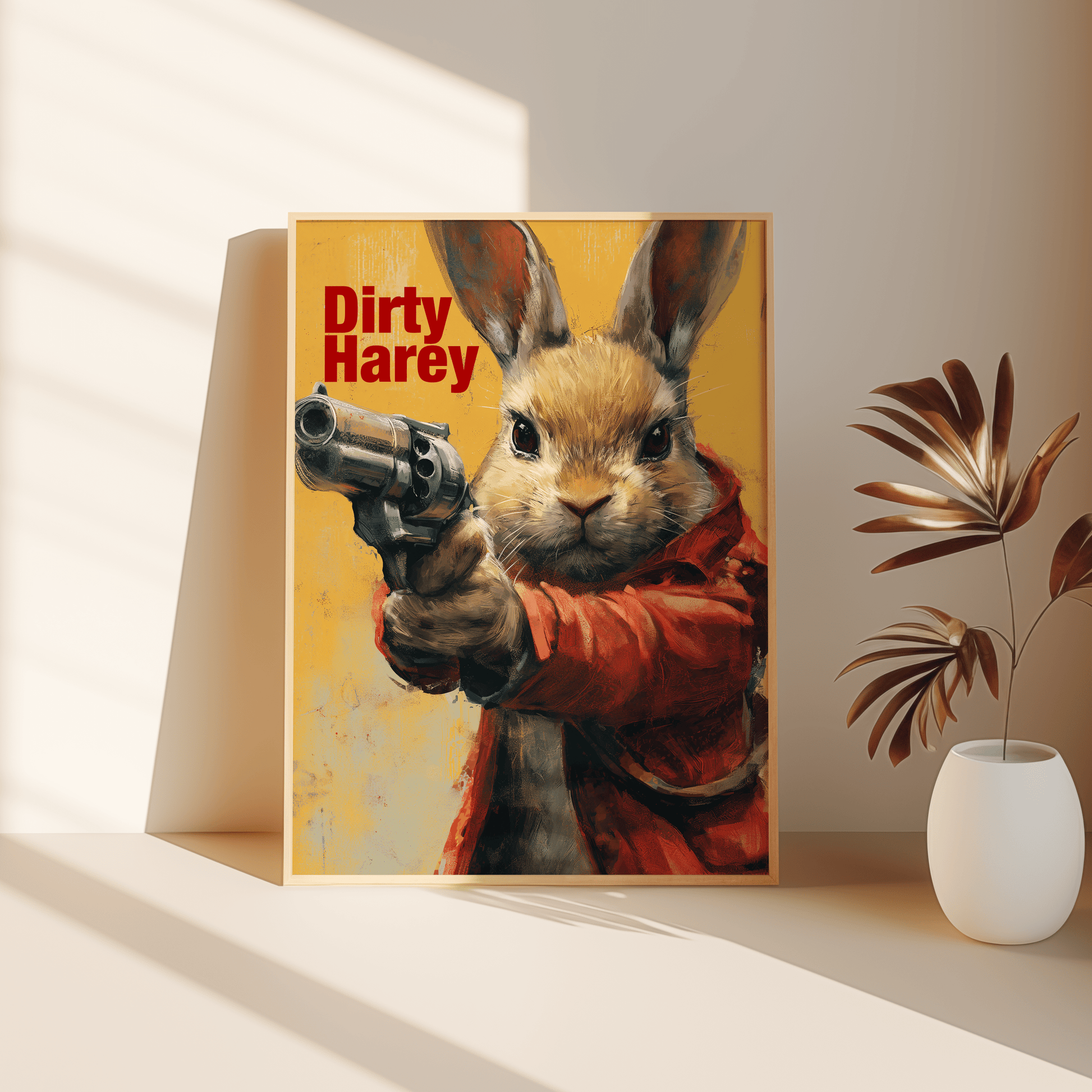Paw Prints painting of a rabbit pointing a revolver, with the title "Dirty Harey", leaning against the bedroom floor. 