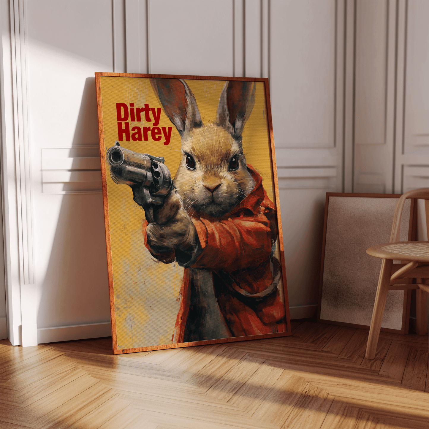 Framed painting of a rabbit pointing a revolver, wearing a trench coat with the title "Dirty Harey", in the Hallway. 