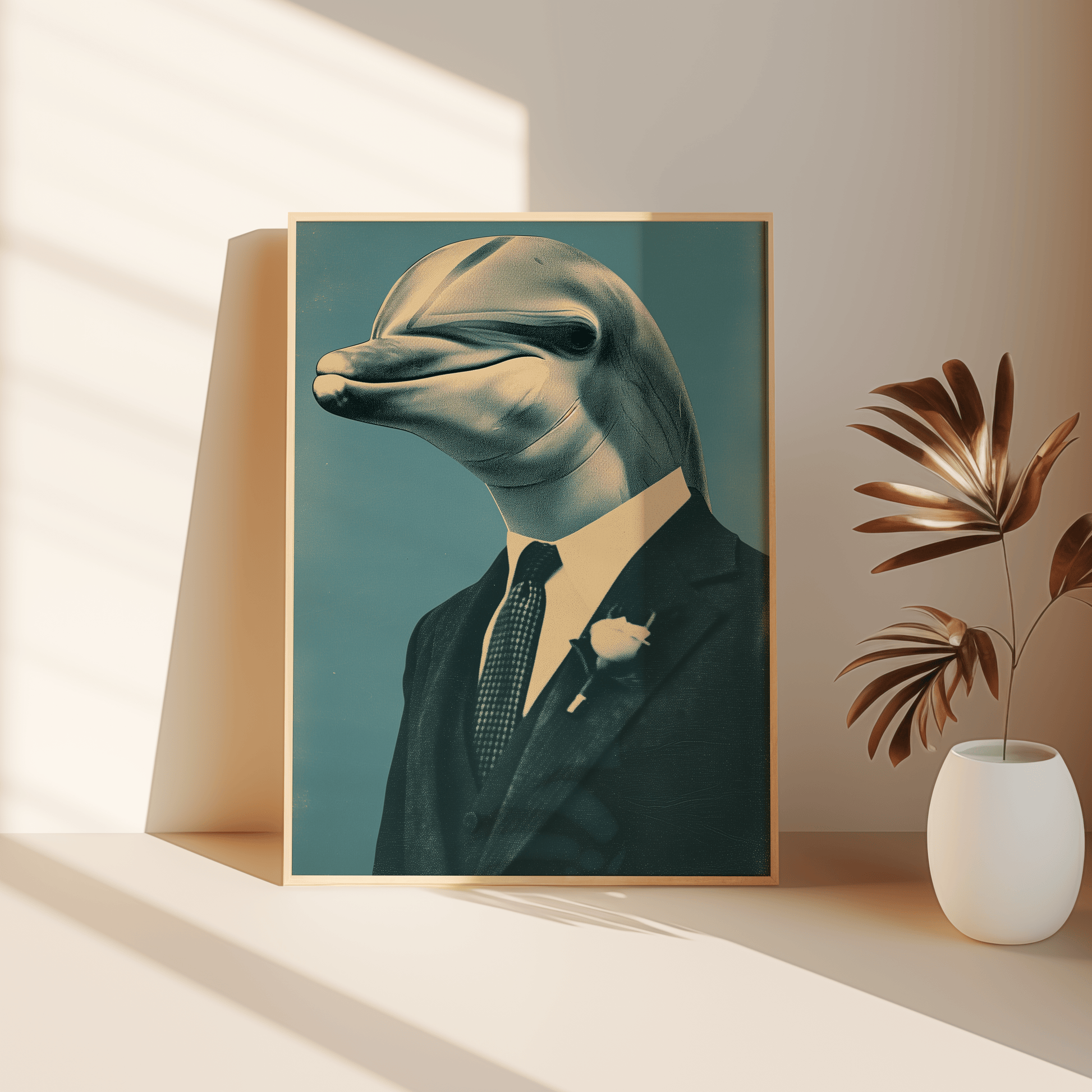 Vintage poster of a dolphin prom date wearing a suit and a boutonniere, leaning against the bedroom floor - Paw Prints