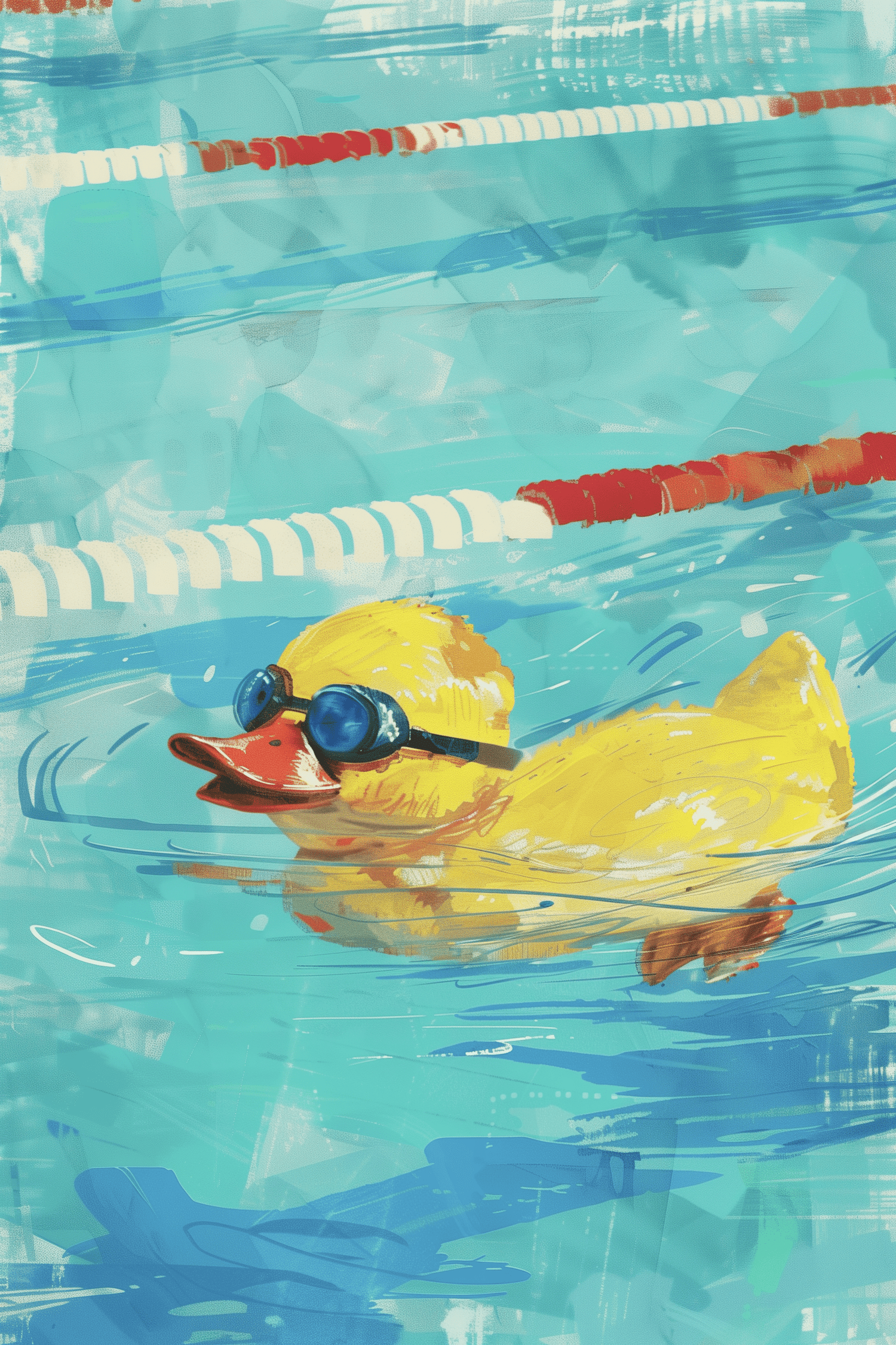 Paw Prints painting of a rubber ducky swimming in a lane pool, with goggles and swimming intensely. 