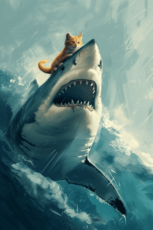 Paw Prints poster of a cute orange cat riding on top of an angry great white shark.