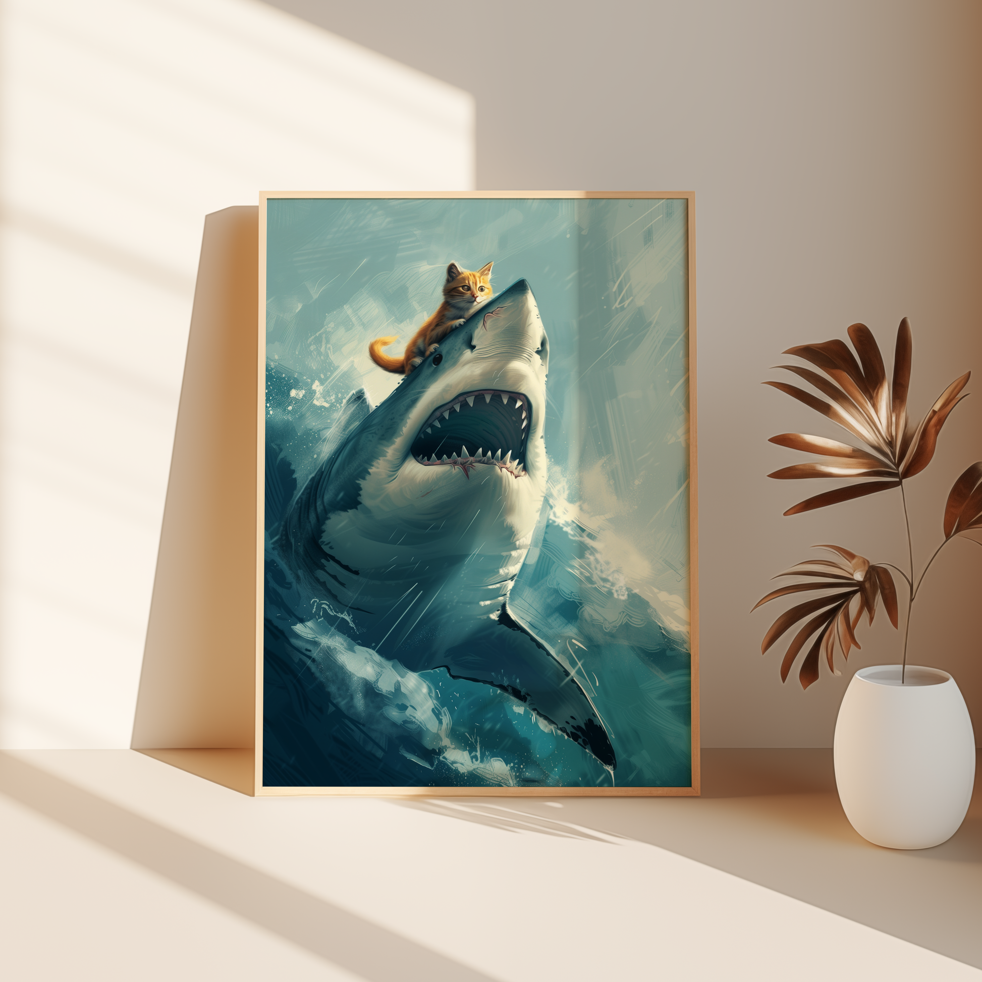 Painting poster of a cute orange cat riding on top of an angry great white shark, leaning against the bedroom floor. 