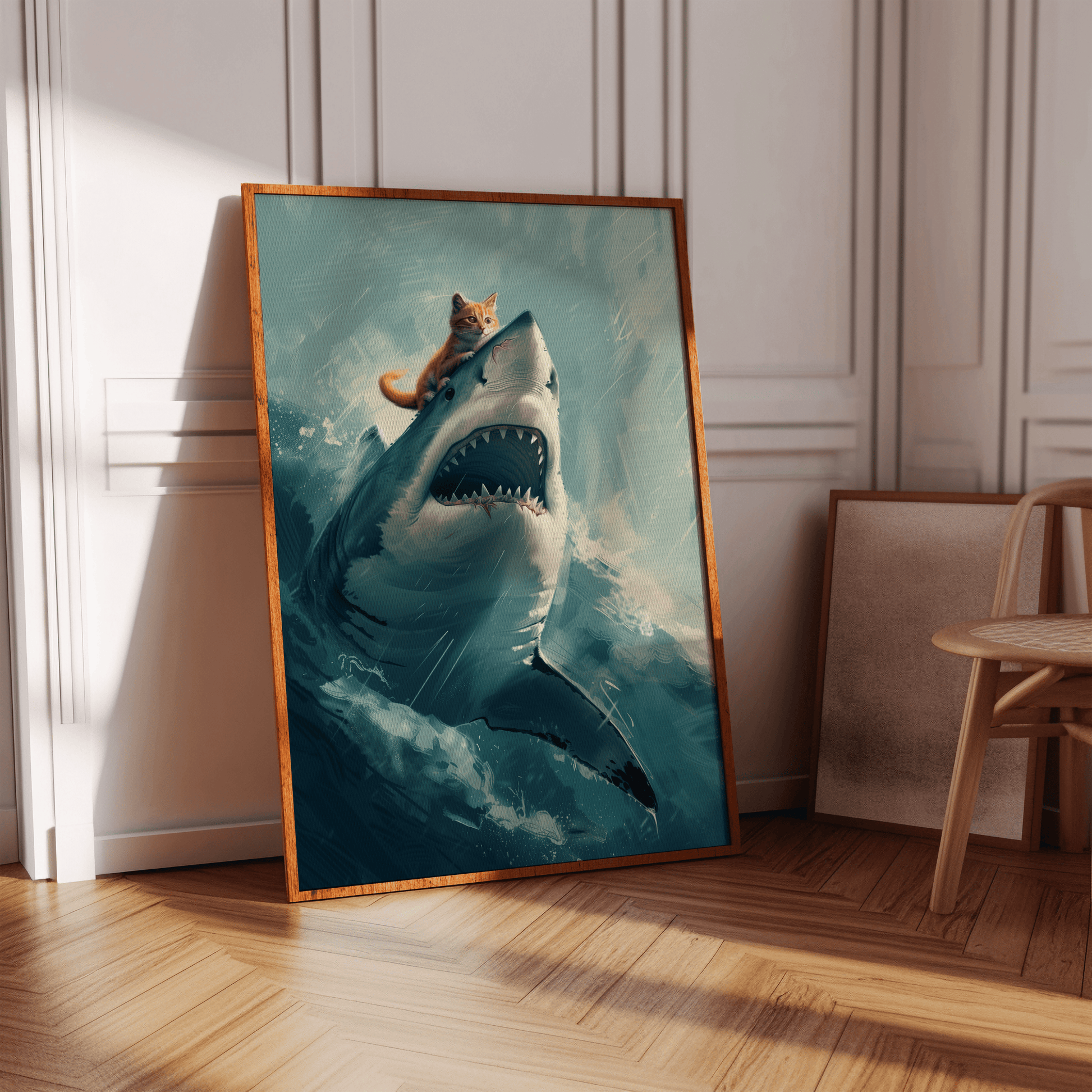 Painting poster of a cute orange cat riding on top of an angry great white shark, a hallway in view of natural sunlight.