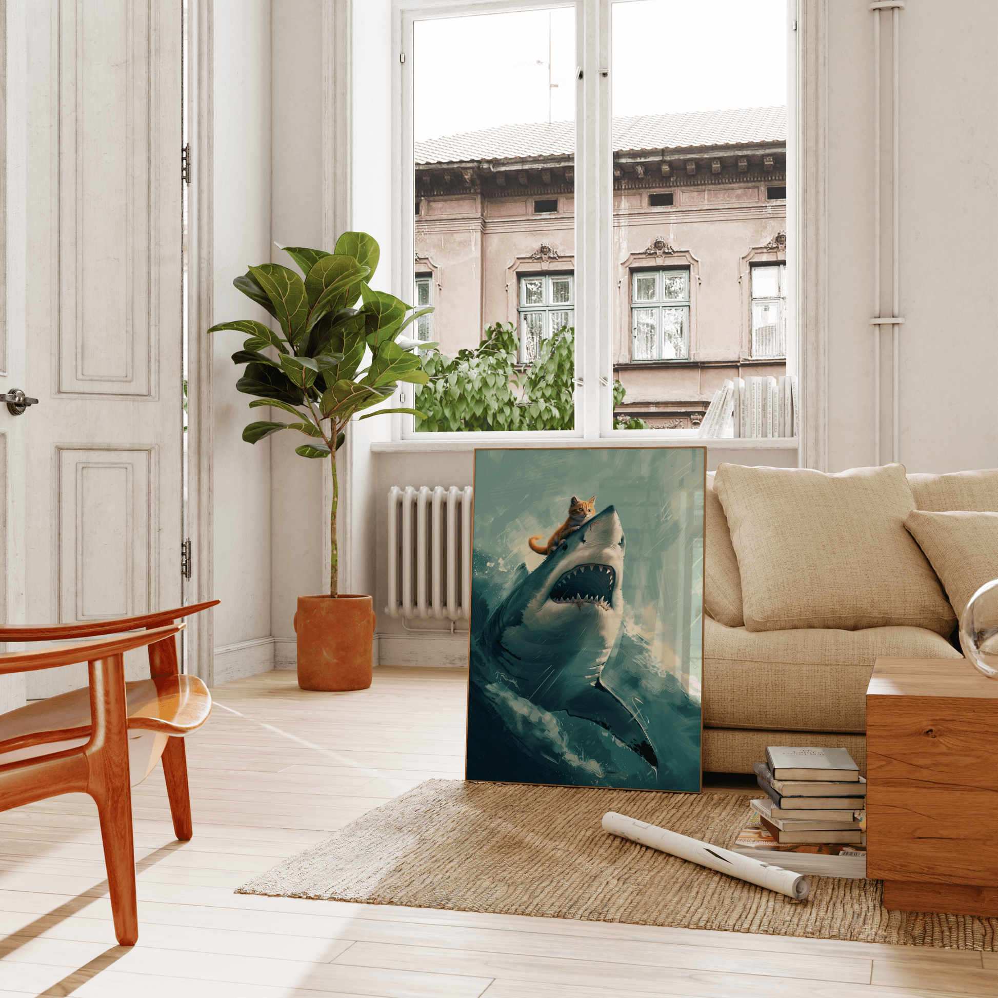 Painting poster of a cute orange cat riding on top of an angry great white shark, leaning on a couch in the living room.