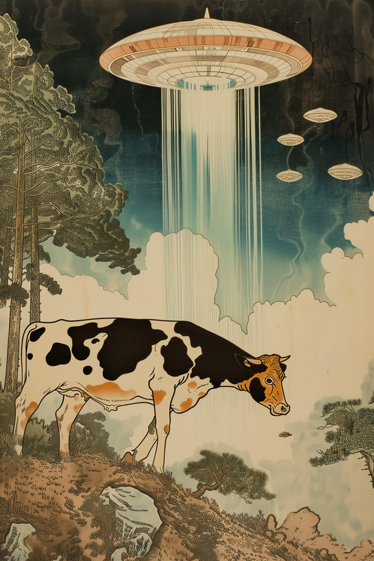 A Japanese woodblock painting featuring a cow being abducted by aliens during the Edo period.