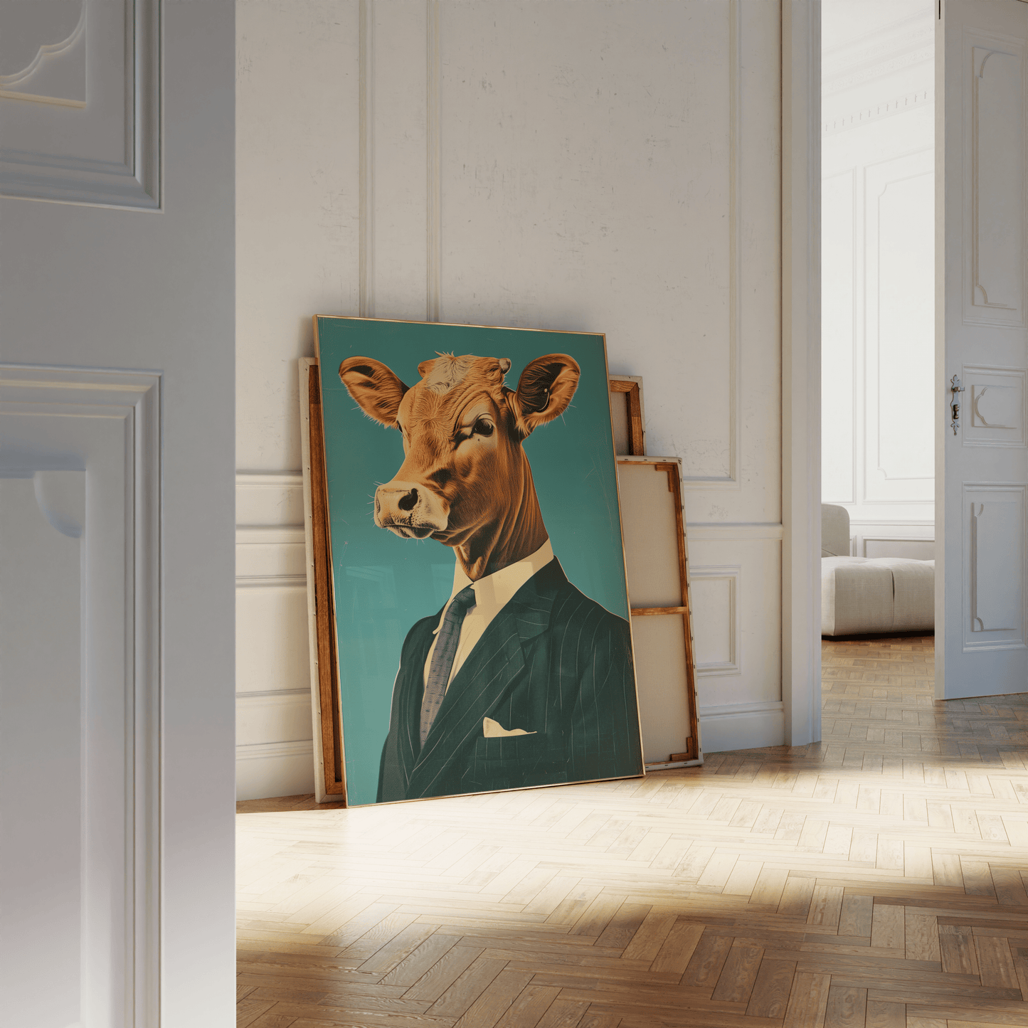Paw Prints poster portrait of a cow wearing a suit, leaning against a white bathroom wall. 