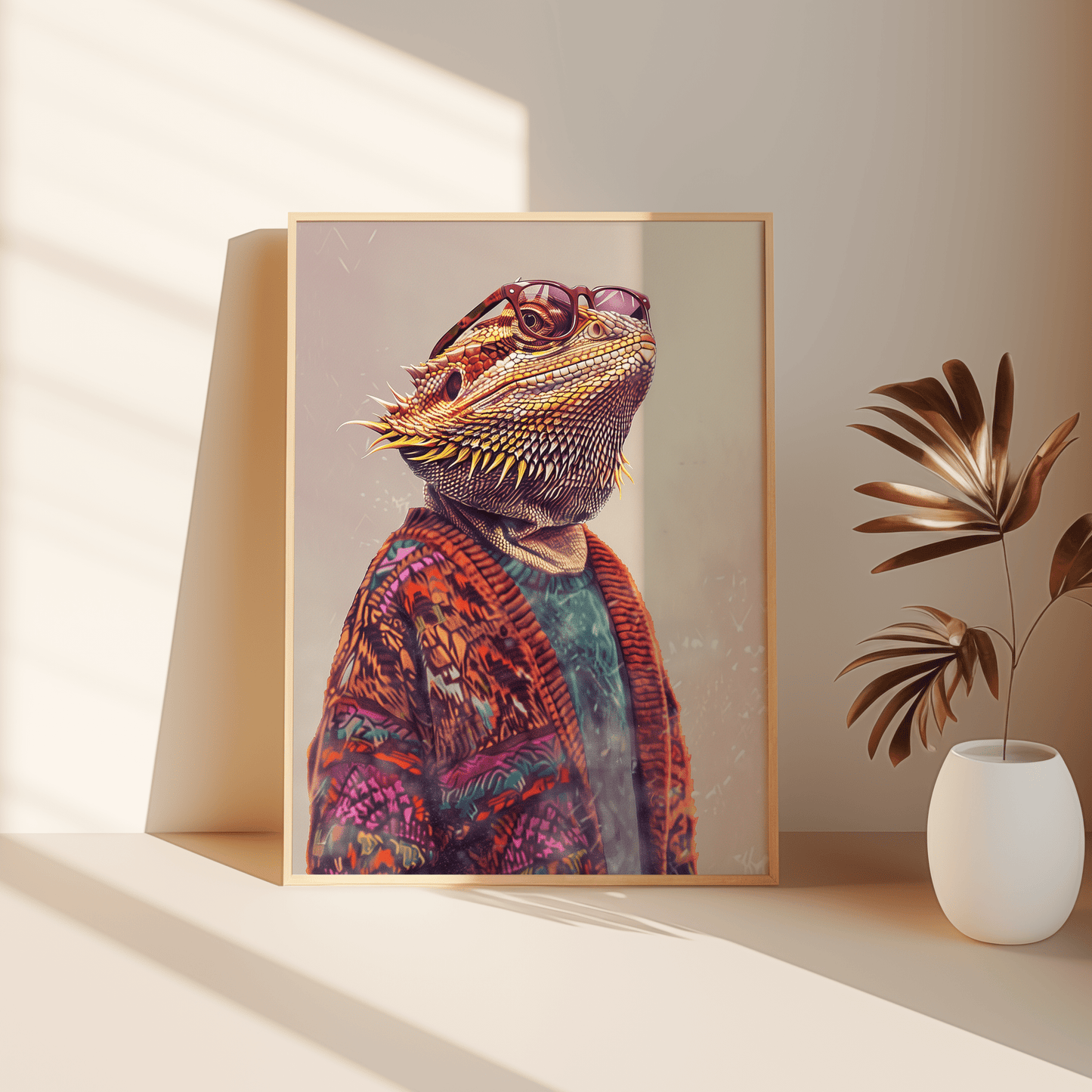 Paw Prints poster of a bearded dragon wearing a cardigan sweater and old lady glasses, leaning against the bedroom floor. 