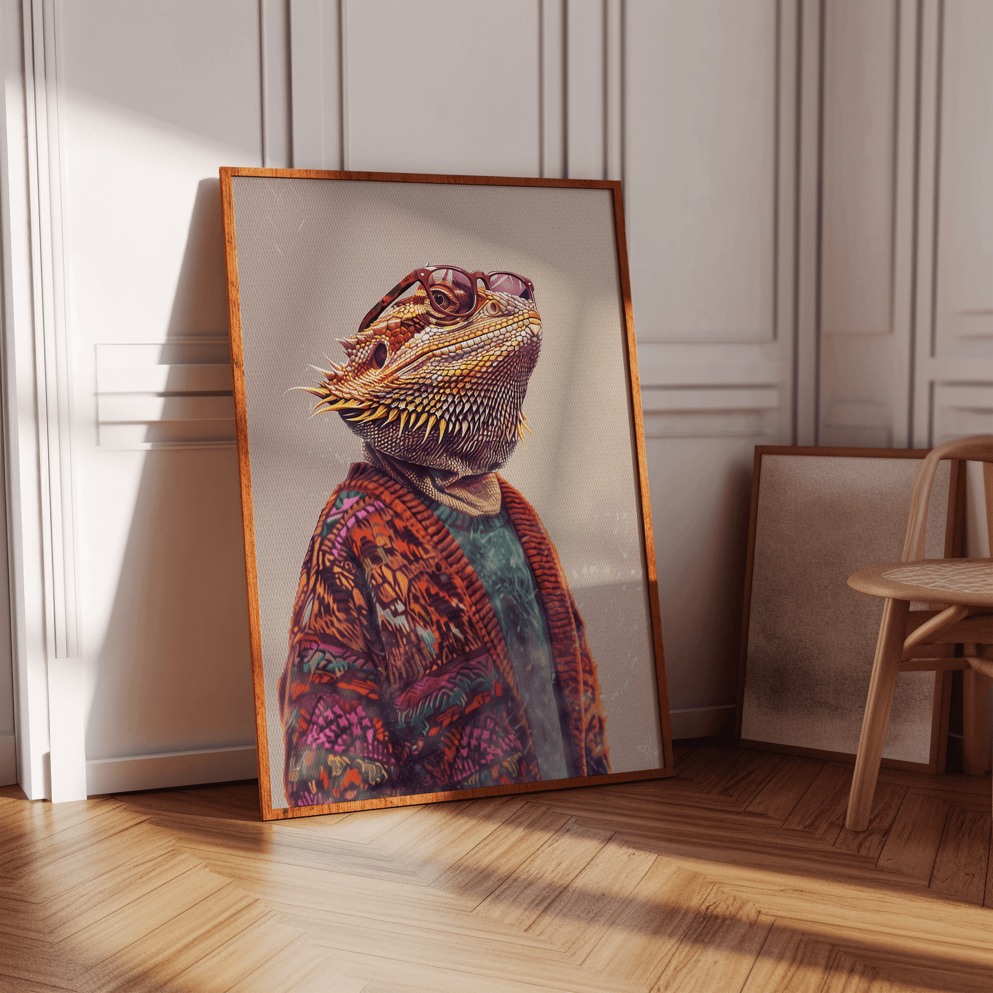 Painting of a portrait of a bearded dragon wearing a patterned cardigan sweater and old lady glasses, in a hallway.