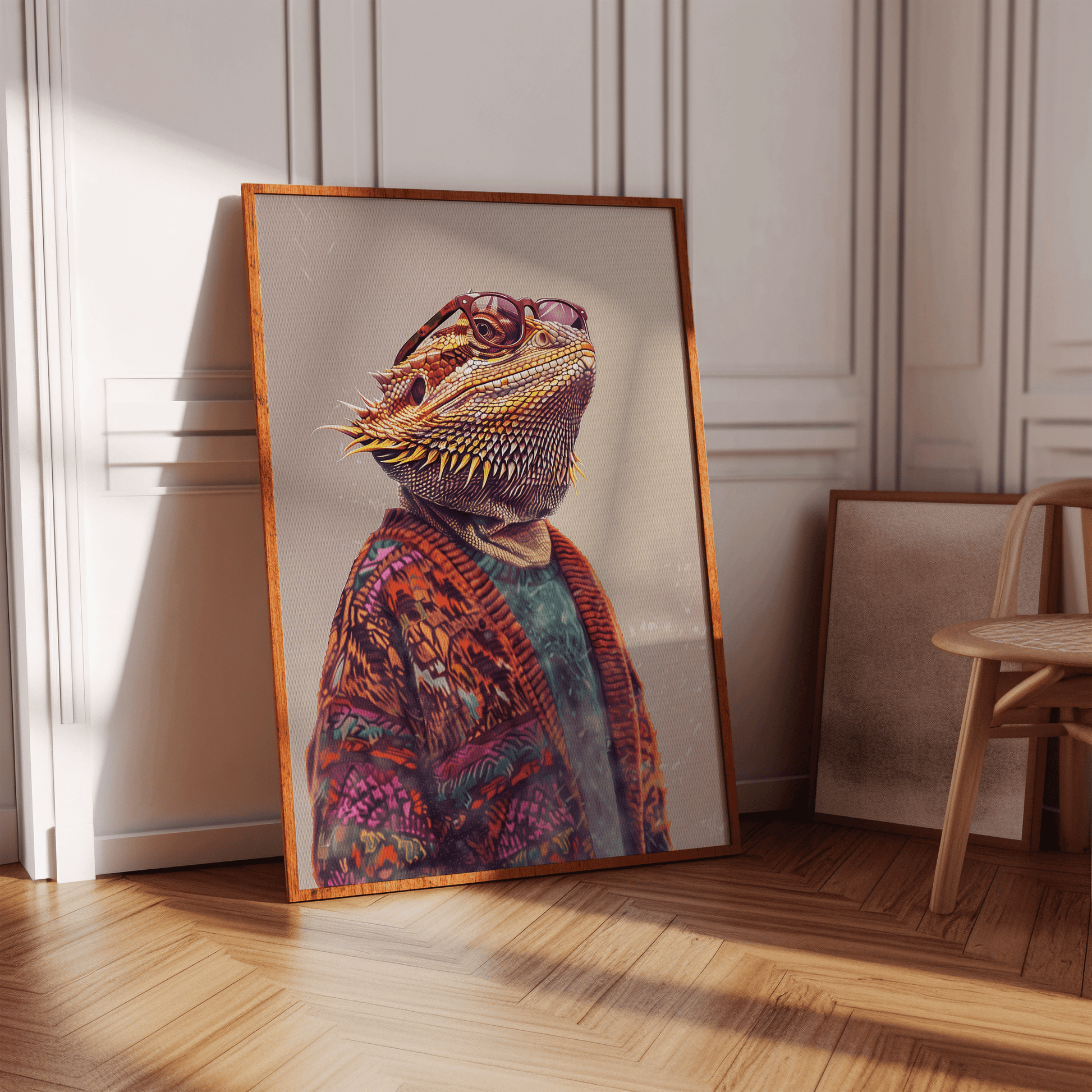 Painting of a portrait of a bearded dragon wearing a patterned cardigan sweater and old lady glasses, in a hallway.