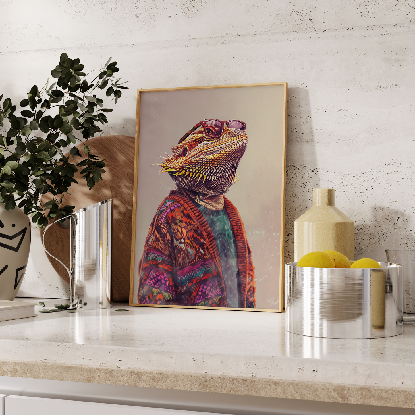 Paw Prints poster of a bearded dragon wearing a cardigan sweater and old lady glasses, leaning against the kitchen counter. 