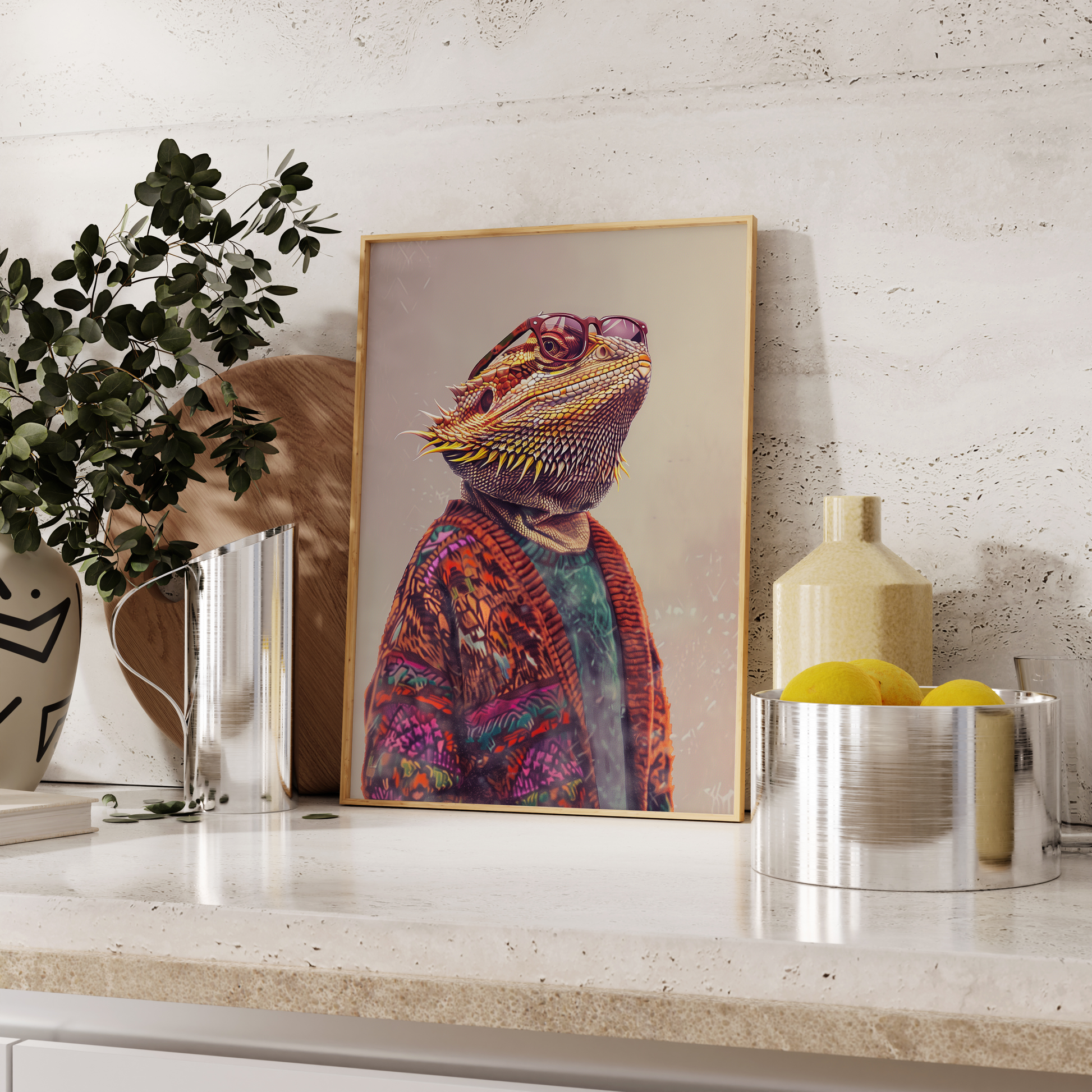 Paw Prints poster of a bearded dragon wearing a cardigan sweater and old lady glasses, leaning against the kitchen counter. 