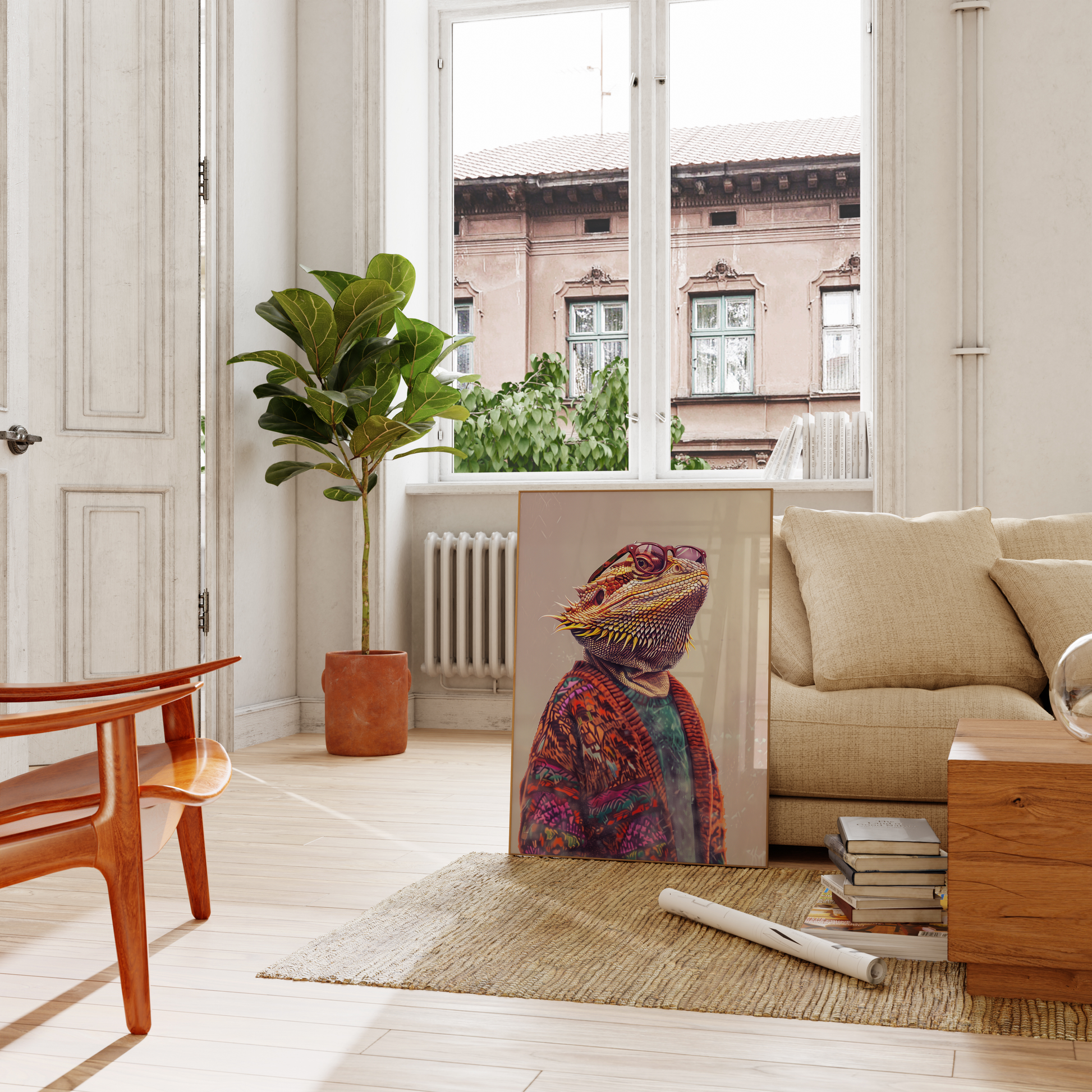Paw Prints poster of a bearded dragon wearing a cardigan sweater and old lady glasses, leaning on a couch in the living room.