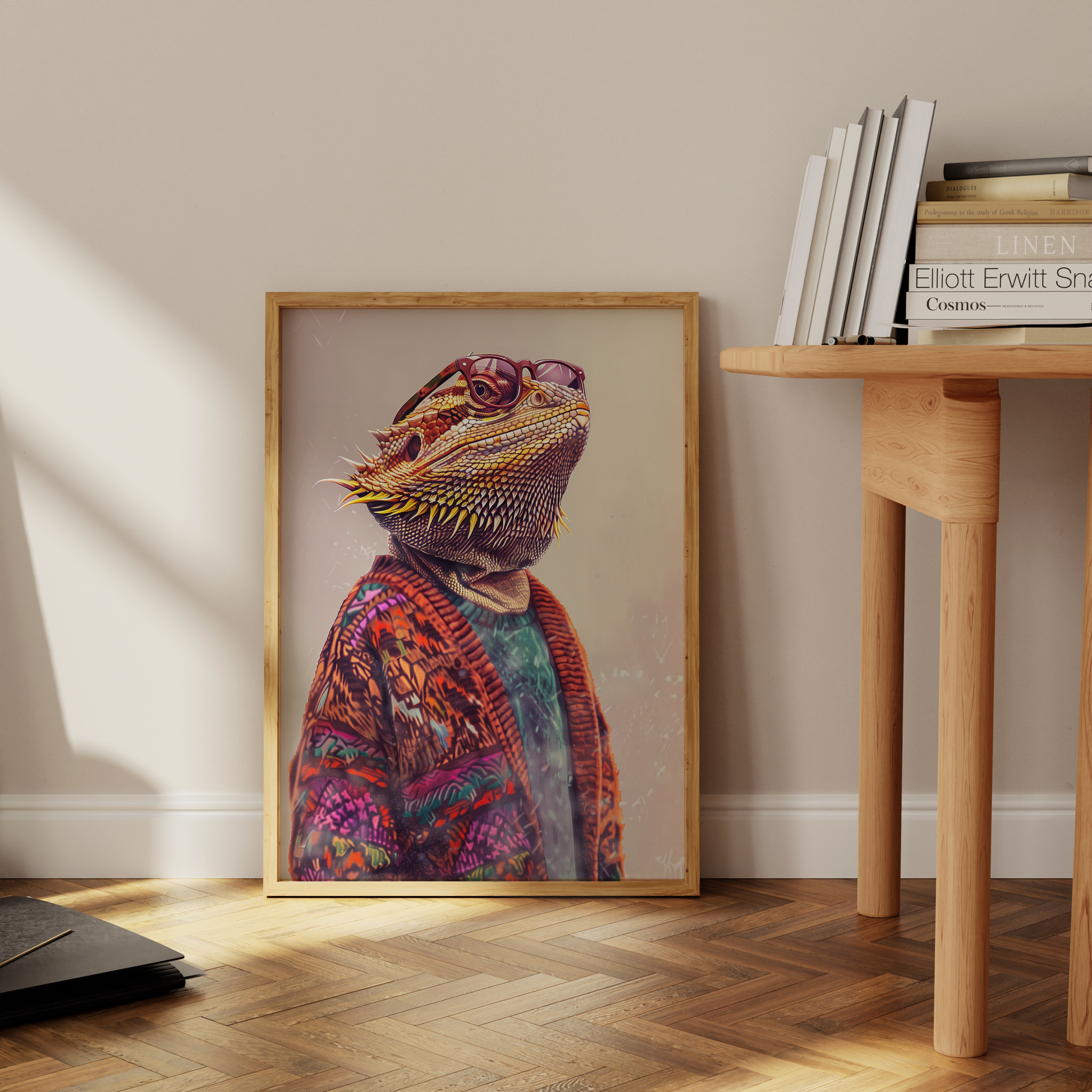 Paw Prints poster of a bearded dragon wearing a cardigan sweater and old lady glasses, leaning against the office wall. 