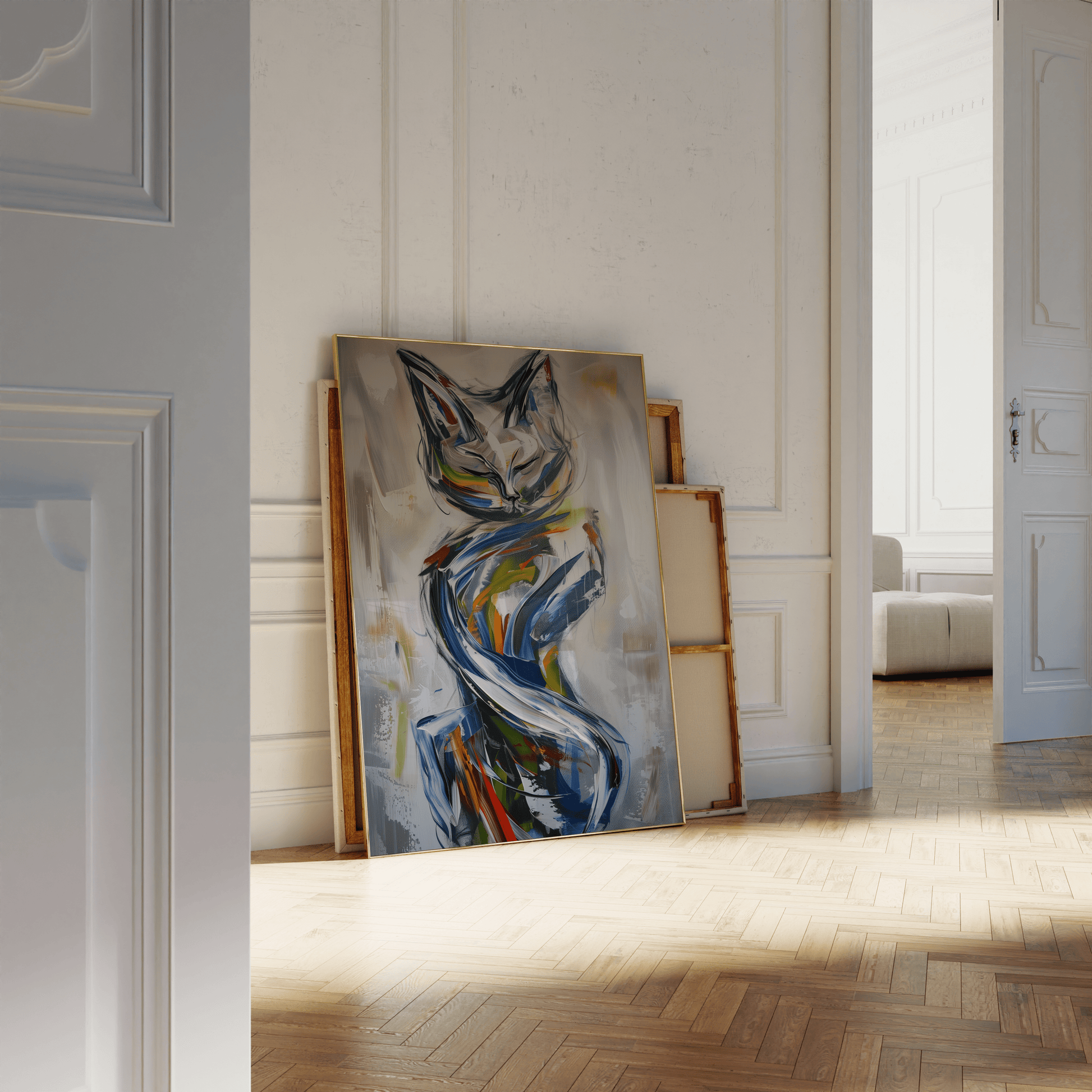 Abstract painting of an elegant cat, full body, dynamic brush strokes, leaning against a white bathroom wall. 