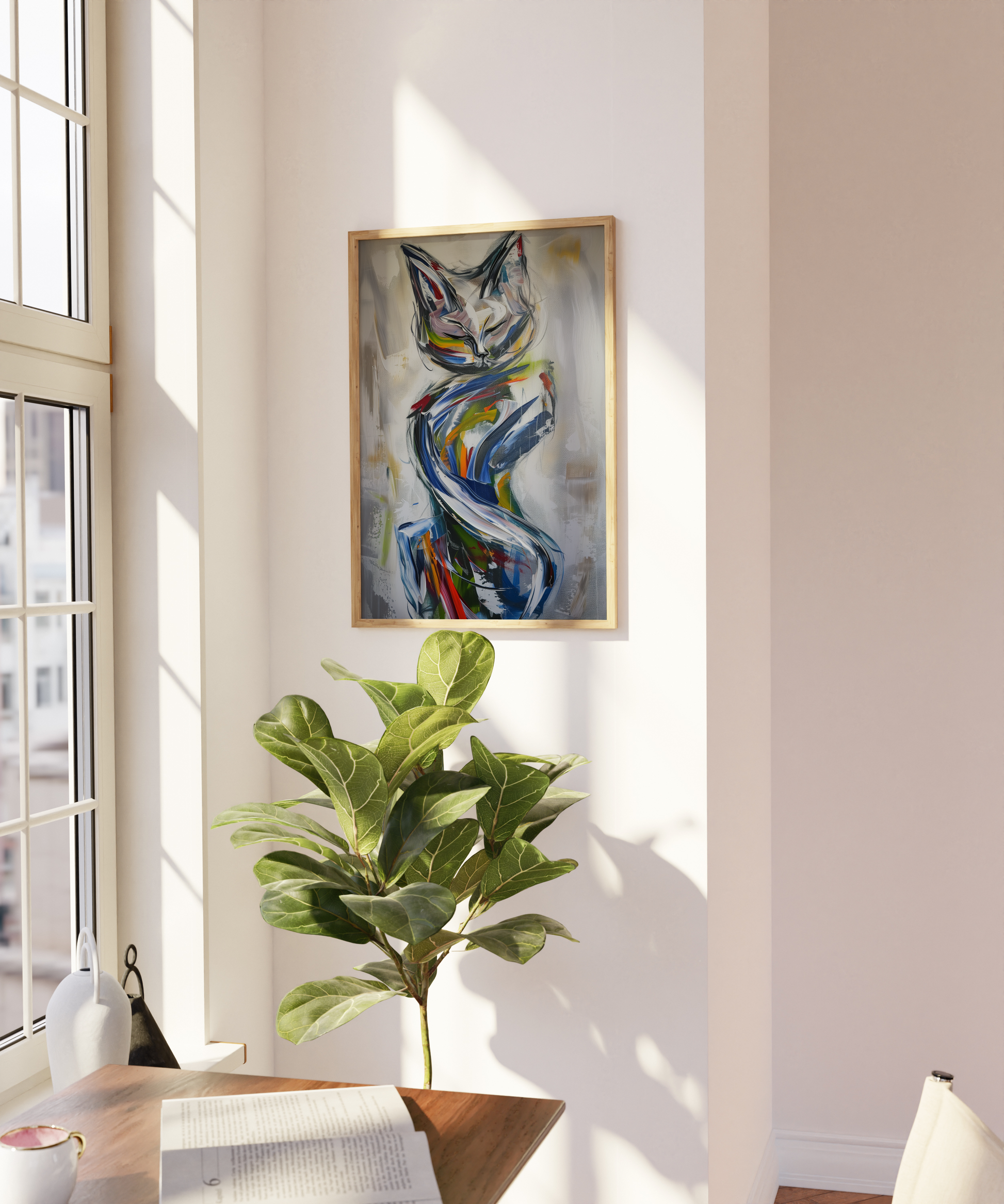 Abstract painting of an elegant cat, full body, dynamic brush strokes, on a blank wall. 