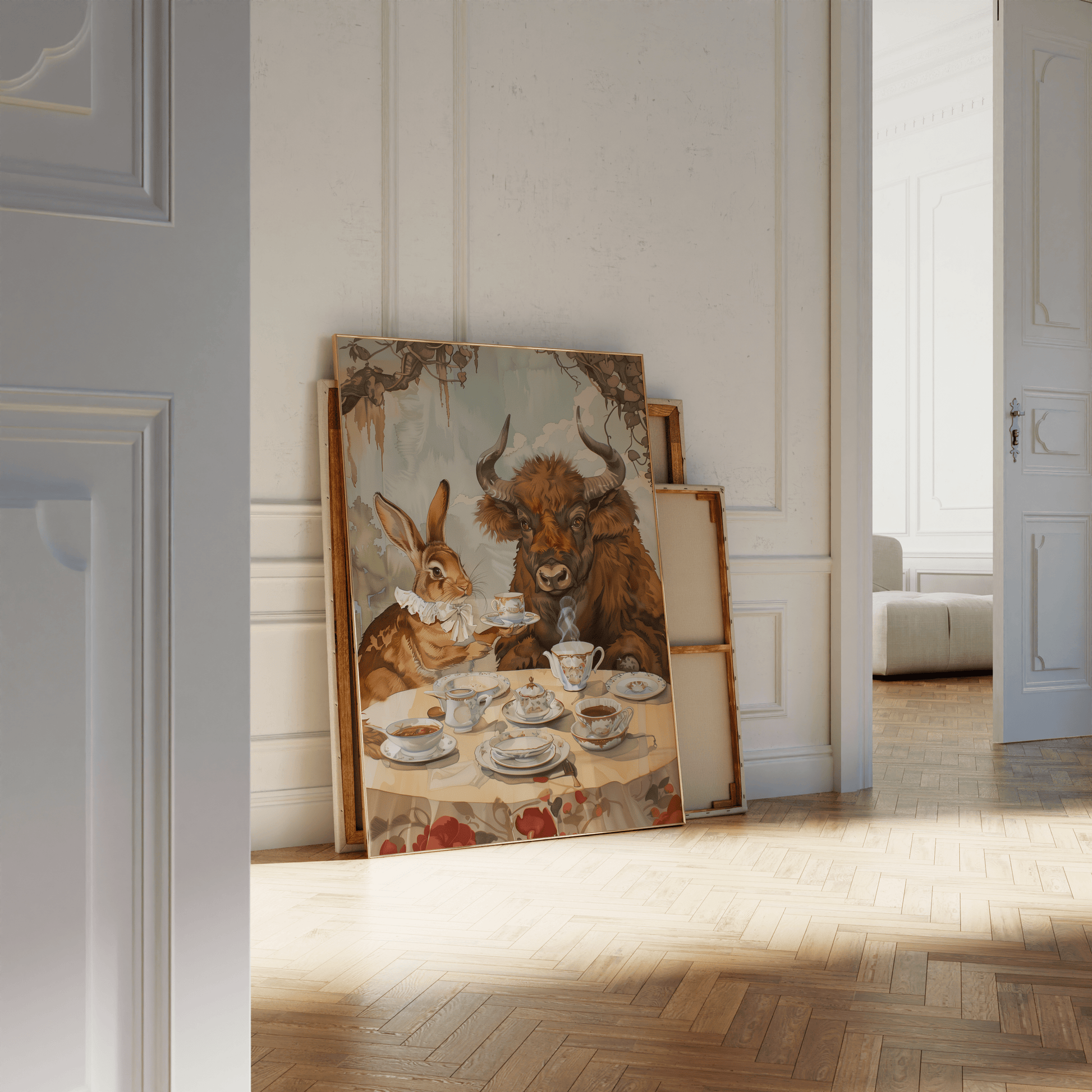 Painting of a rabbit and a bull having an English tea party in the natural environment, leaning against a white bathroom wall. 