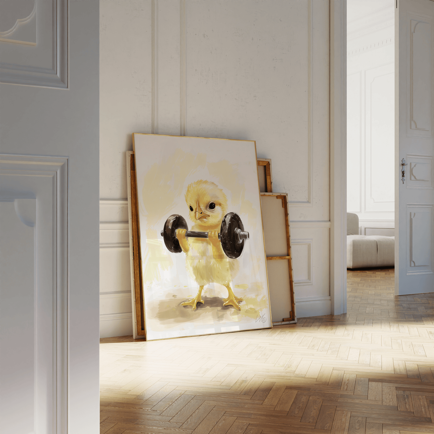 Framed oil painting of a baby chicken curling a barbell, leaning against a white bathroom wall. - Paw Prints