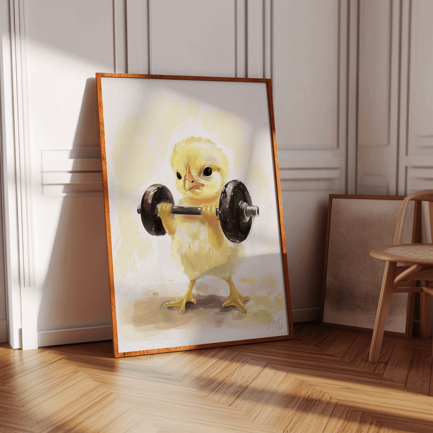 Oil painting of a baby chicken curling a barbell, in a hallway. - Paw Prints