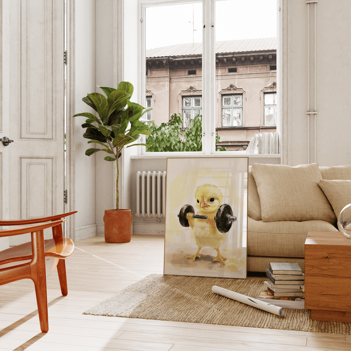 Framed oil painting of a baby chicken curling a barbell, leaning on a couch in the living room. - Paw Prints