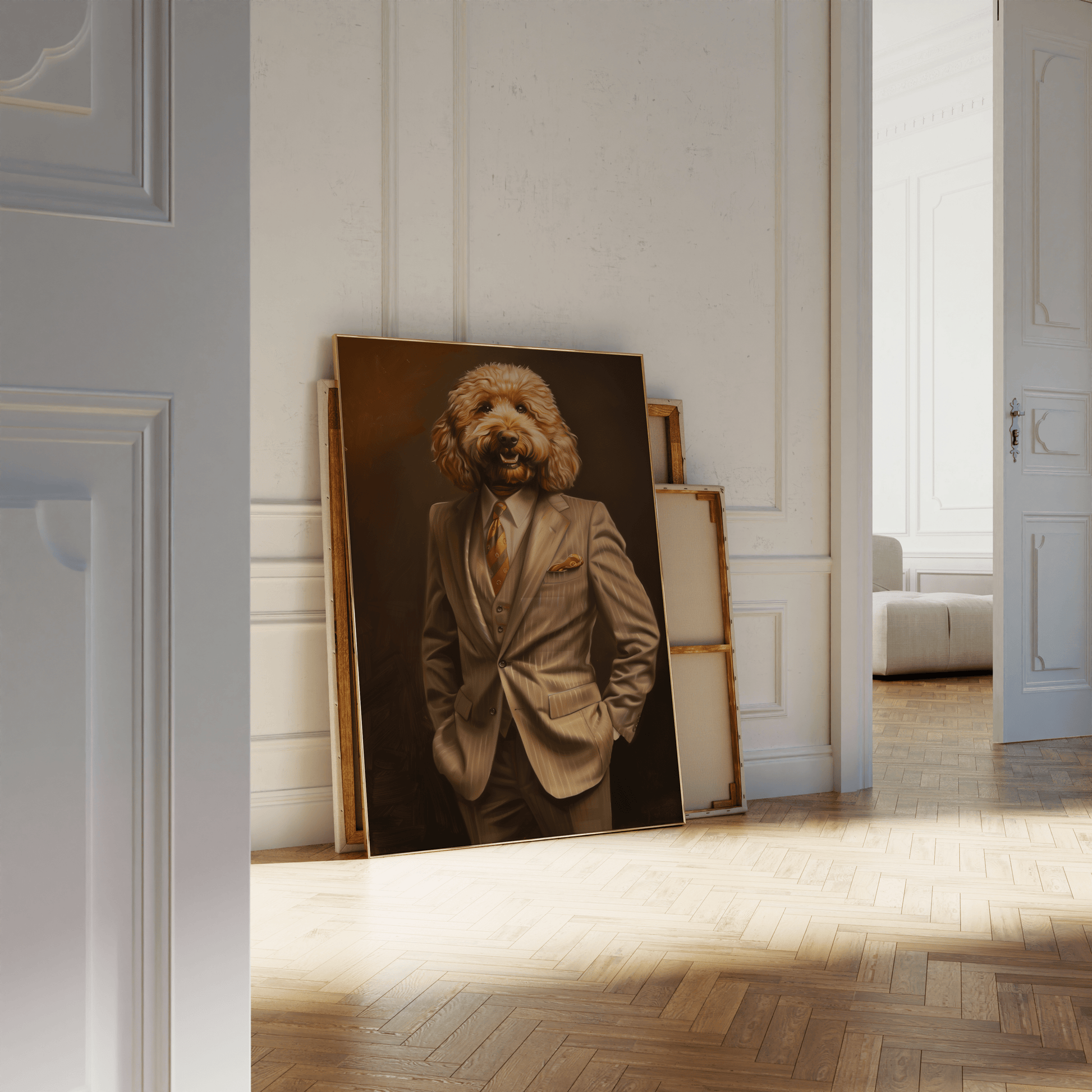 Framed poster of a poodle wearing a full suit, leaning against a white bathroom wall. - Paw Prints