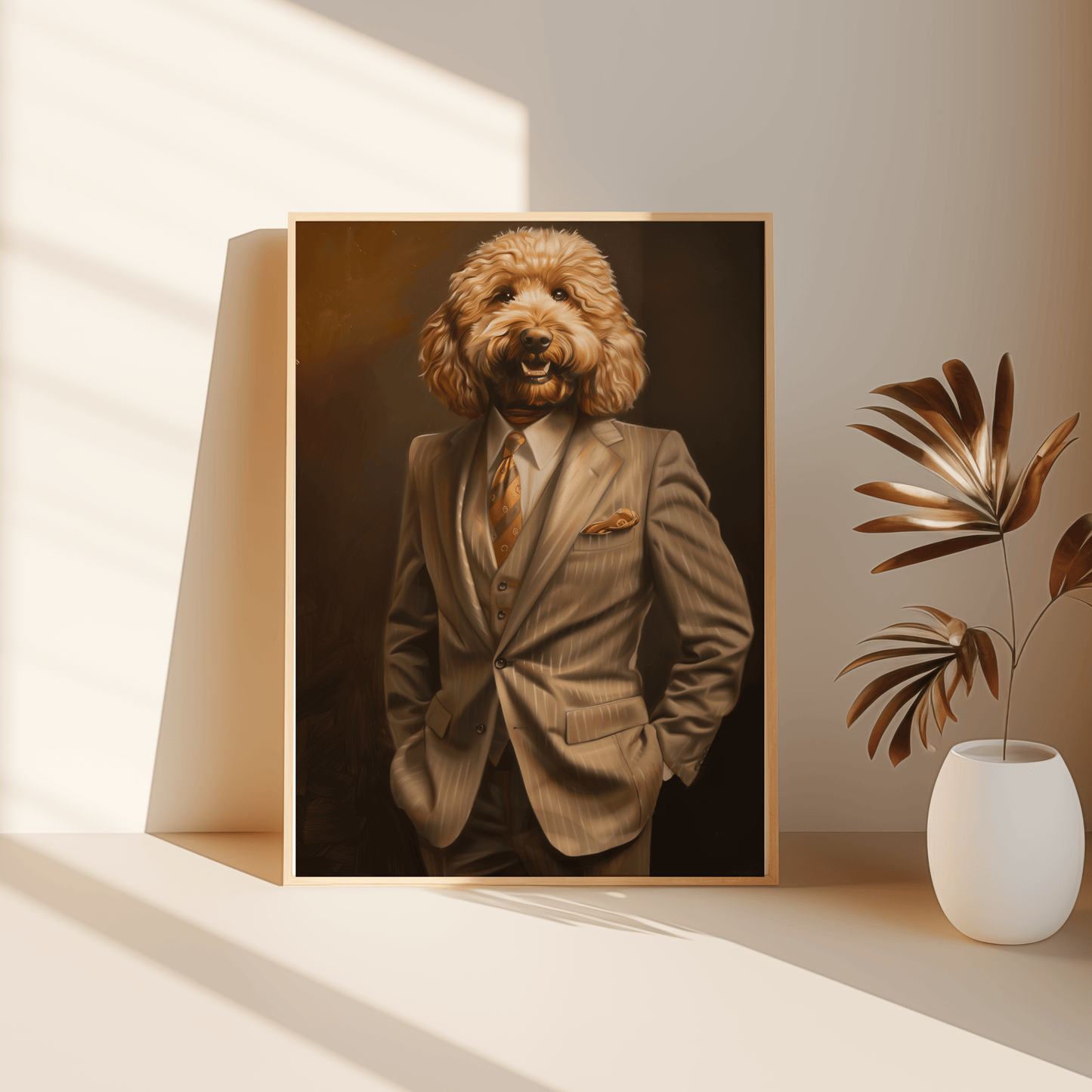 Framed poster of a poodle wearing a full suit, leaning against the bedroom floor. - Paw Prints